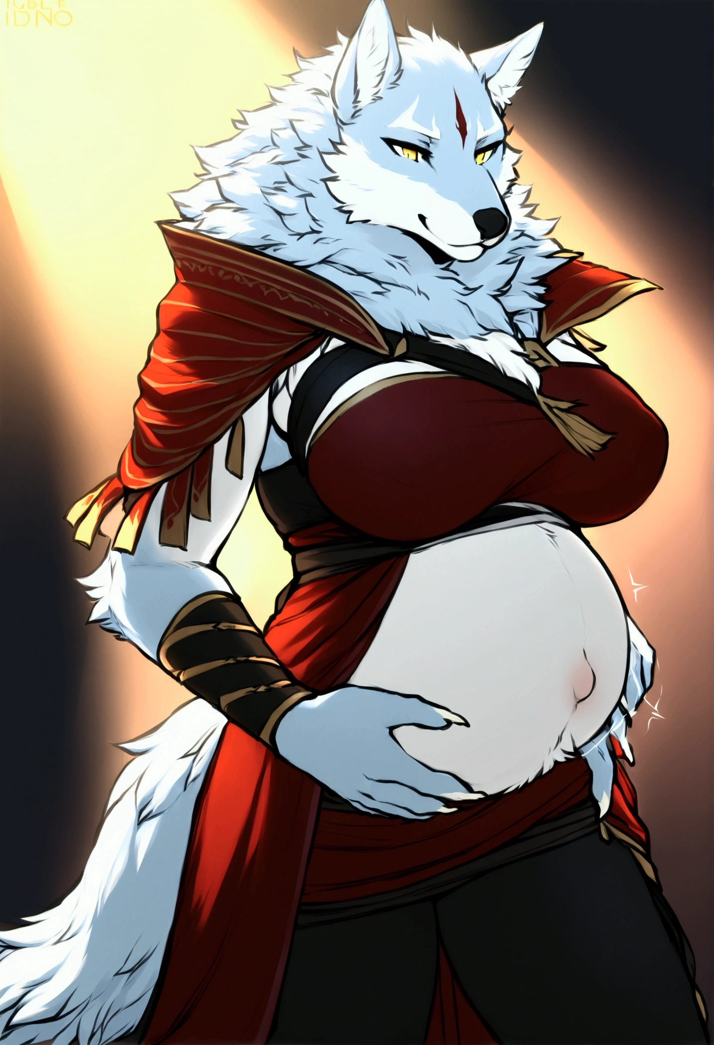 by fluff-kevlar, by Zackary911, by Kenket, by Kilinah, by fluff-kevlar, (masterpiece), (best quality), (anthro furry:1.3, snout:1.2, anthro:1.3, furry:1.2, solo female:1.2), (extremely detailed:1.3), (extremely detailed eyes), (okami amaterasu), (big breasts:1.8), (big thighs:1.8), (curved body:1.6), (curved thighs:1.7), (white fur), (nude), magic, fire emitting from body,