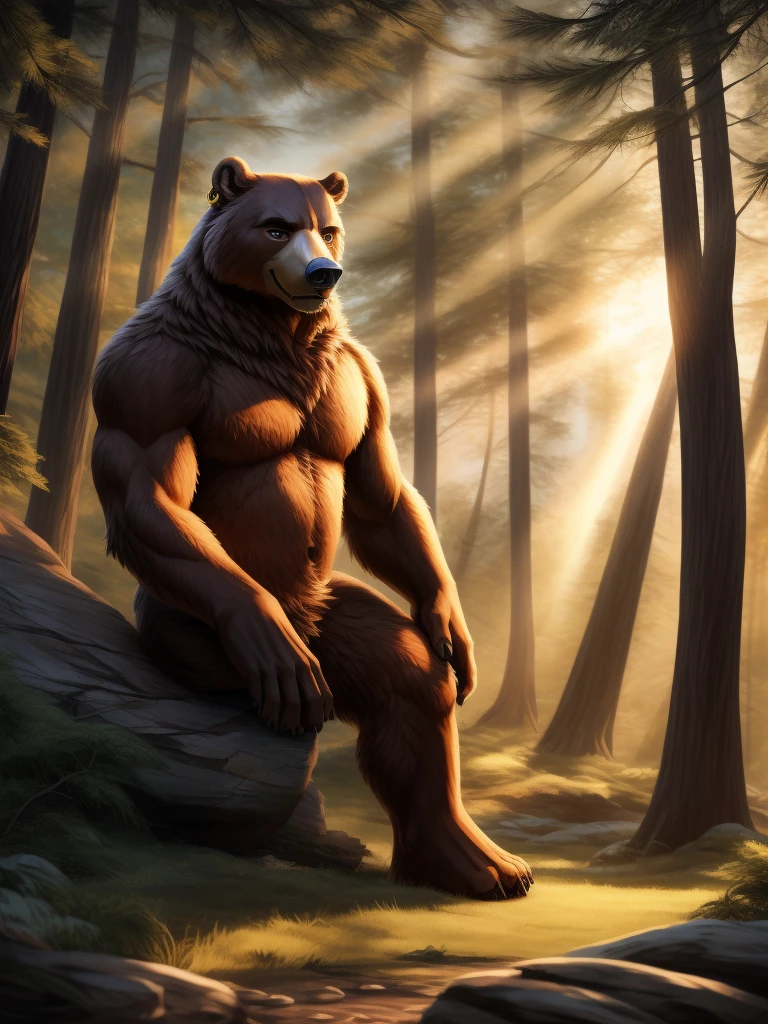 uploaded on e621, full body portrait of a masterpiece, high quality best quality, a (anthro:1.0) (:0.8) (cub:1.2), The anthropomorphic male bear stands erect, resting his back against a thick, majestic tree in the center of the graphic. The bear is young, thin, and muscular. He has a gold earring in his left ear. He wears a honey-colored hat with a cutout for the ears. He has brown fur with a natural sheen, and his belly, muzzle, and larynx area stand out in light beige, creating a delicate contrast. The bear's figure is slim but slightly muscular. His posture is relaxed, with a slight bend in one leg, which gives him a slightly relaxed look. In the background is a picturesque forest, filled with densely growing trees with green crowns and brown trunks. On the ground lies a layer of soft moss, here and there covered with dry leaves. The sun's rays fall through the branches, gently illuminating the bear's fur and creating a play of light and shadow on the background. The entire scene exudes peace and natural beauty, evoking the atmosphere of wild, unspoiled nature, (intricate PS no:0.7), (high detail:1.2), (unreal engine:1.3), (sharp focus:1.15), (masterpiece, best quality, 4k, 2k, shaded, absurd res)