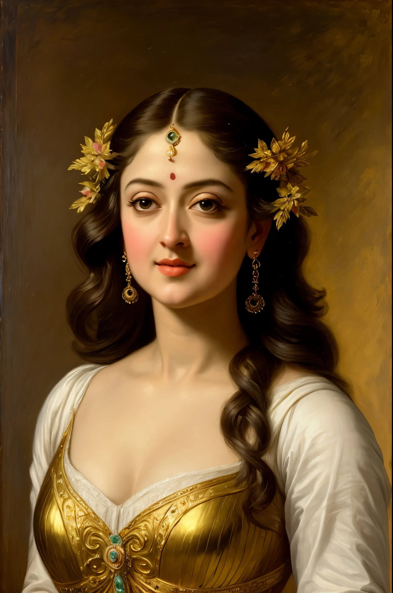 Best quality, highly detailed, masterpiece, Indian princess, Rajkanya, royal clothes, Masterpiece, extremely gorgeous woman, matchless Beauty, portrait, Peter Paul Rubens style, Woman, off shoulder bandeau crop blouse, beautifully styled hair, fluffy hair, middle ages, classicism, andrey atroshenko style, painting, long hair, styled hair, traditional media, realistic, figurative, fine art, detailed Art, oil on canvas, HDR, 8K, original character, high resolution, high detail, focus on the face, intricate, flawless, fluffy hair, Peter Paul Rubens style, By Peter Paul Rubens, sharp picture, no crown