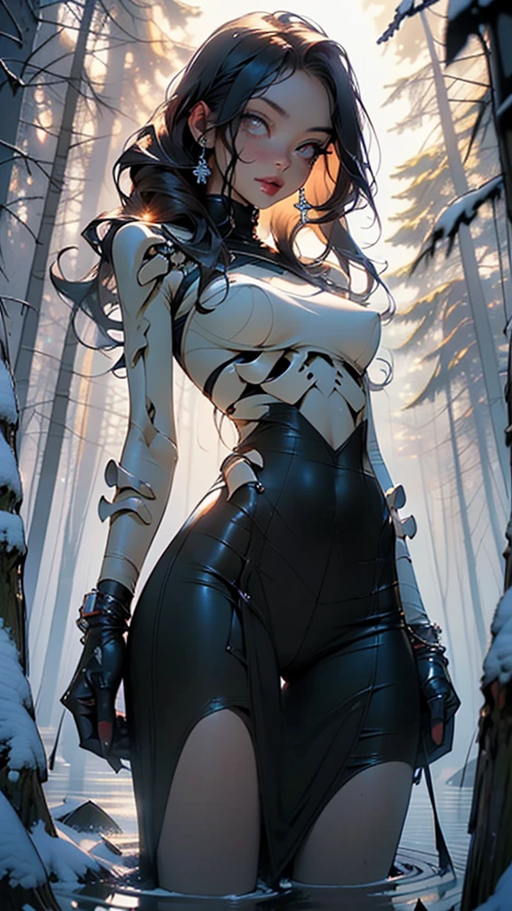 Sorayama style, metallic arm, (((best quality))), ((( masterpiece ))), ((( absurdres ))), ((( whole body)))), muscular woman beautiful warrior Barbara wielding a large war axe, Conan the barbarian style, Simon Bisley style for a cover of Heavy Metal magazine, (( tiny thong made of gleaming metal )), (( large breasts semi covered by gleaming metal )), white hair with dreadlocks,generous neckline, necklace of bones and teeth, Earring of bones, scenery of icy mountains, ((( whole body ))), ((( brown ))), ((((whole body)))