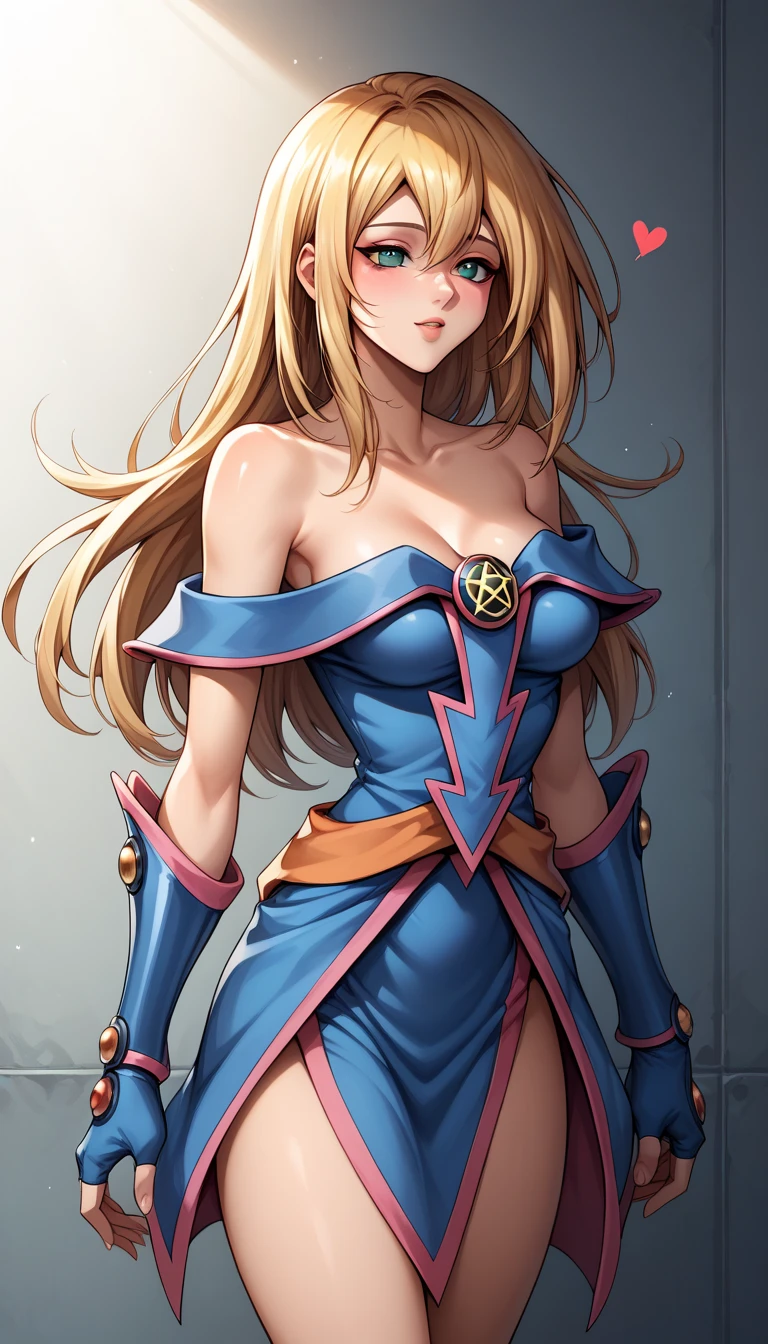 Dark Magician Girls, blonde hair, long hair, bare shoulders, pencil skirt, clothing around the waist, fingerless gloves, tube top, chest, watching spectators, The Trail, trigger discipline, cowboy shot, score_9, score_8_up , Score_7_up, Score_6_up, Score_5_up, Score_4_up, BREAK source_anime, masterpiece, masterpiece, high detail, Best quality, extremely detailed fine touch, light natural, sunlight, rays of light, dappled light, reflections, shadows, ray tracing, fear, empty eyes, half-closed eyes, head down, mouth open, heart bubbling around head, girl gasps, contractions, nipples, pubic hair, open clothing, 1 girl. sex