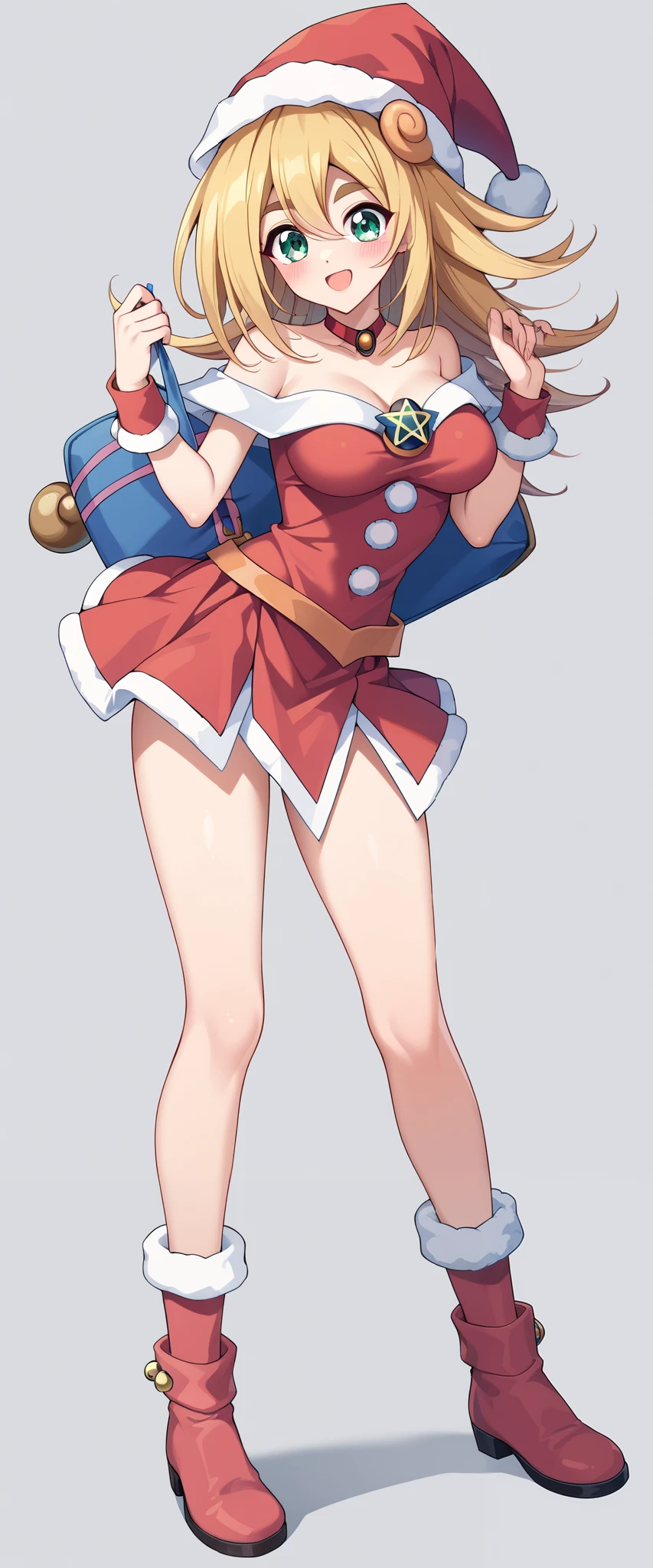 (UHD, best quality, highres icon), 1girl 23 years. dark Magician girls. long rubio fluffy hair pulling a sled, Thick eyebrows, smile, Santa clothes in a mini skirt , carrying a white bag , RED BOOTS BREAK SHEEP, ソリを引いている