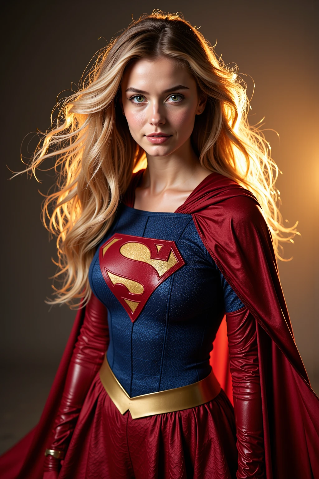 (a seductive Scandinavian blonde in her late twenties), (big (green eyes)), (standing in a superhero pose), ((((very long))) curvy hair, windy), (dressing as Supergirl), (Warm realistic lighting, backlight, studiolight), (Super Detailed)