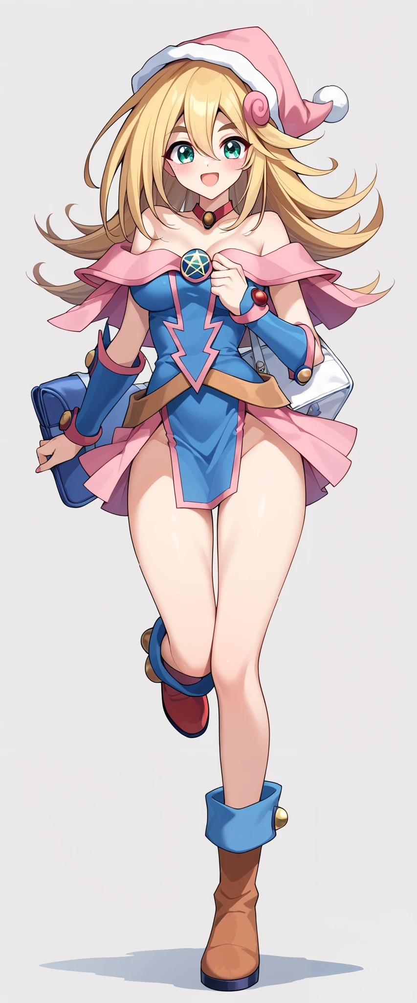 (UHD, best quality, highres icon), 1girl 23 years. dark Magician girls. long rubio fluffy hair pulling a sled, Thick eyebrows, smile, Santa clothes in a mini skirt , carrying a white bag , RED BOOTS BREAK SHEEP, ソリを引いている