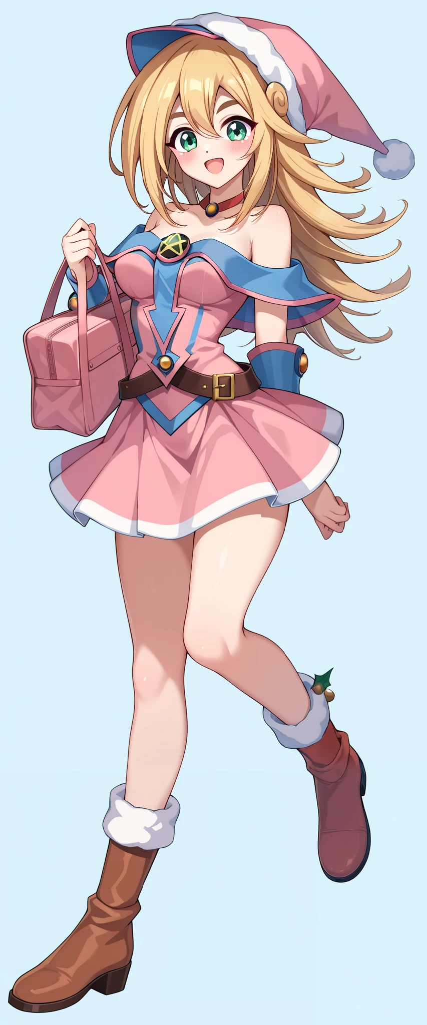 (UHD, best quality, highres icon), 1girl 23 years. dark Magician girls. long rubio fluffy hair pulling a sled, Thick eyebrows, smile, Santa clothes in a mini skirt , carrying a white bag , RED BOOTS BREAK SHEEP, ソリを引いている