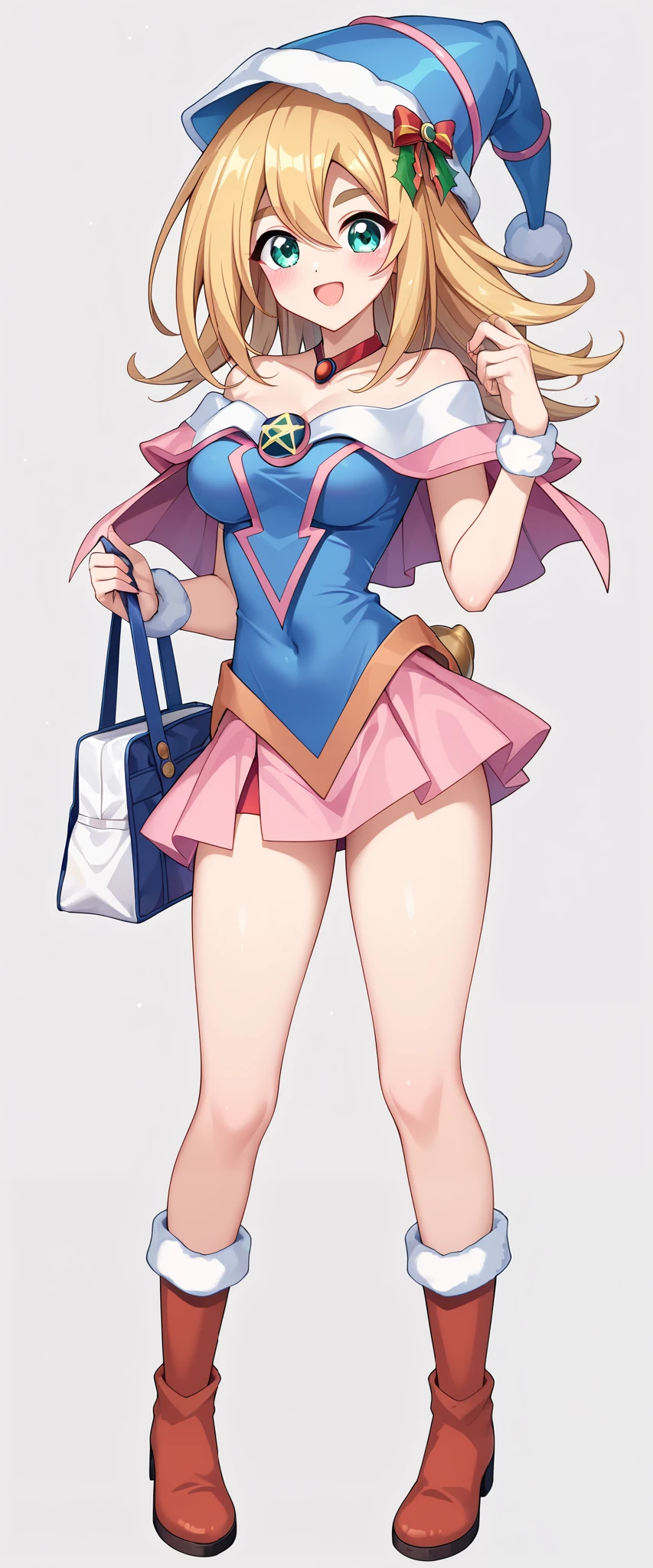 (UHD, best quality, highres icon), 1girl 23 years. dark Magician girls. long rubio fluffy hair pulling a sled, Thick eyebrows, smile, Santa clothes in a mini skirt , carrying a white bag , RED BOOTS BREAK SHEEP, ソリを引いている
