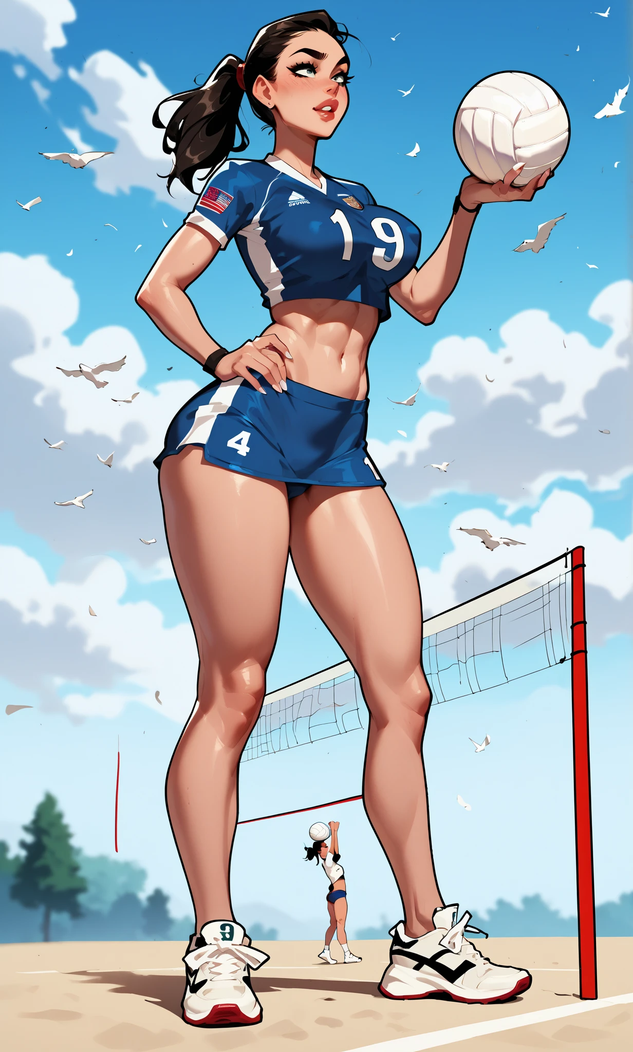 Woman, 20 years old. Volleyball player, libero. Late growth spurt. Uniform way too small, undersized, tight. Sneakers too small, tight, toes bulging out. 7ft tall. Curvy, buxom. Raging hormones. Feeling herself up. Showing off her body. Loves being a giantess. 