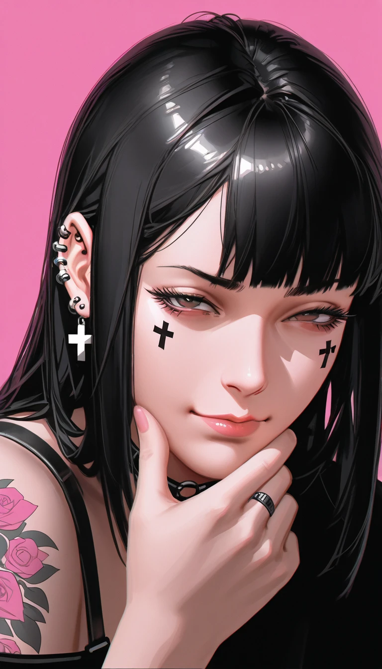  anime girl image:1.4,  a close up of a woman with tattoos on her face and body  ,  The bangs reach the eyebrows  ,  squinting eyes looking at the camera,  with long false eyelashes  ,  the head tilted slightly upwards  , With several piercings ;1,3 ,  wears black leather clothing with crosses like rings and piercings all over her ear , ,  shows a bare shoulder with tattoos  , pink background,  cyberpunk art inspired by Yanjun Cheng  ,  trend on CGSociety , Gothic art, hyper-realistic  cyberpunk style  , cyberpunk art style,  cyberpunk style  ，  hyperrealistic,  beautiful face of a cyberpunk girl  ,  artwork in the style of guweiz  , Cyberpunk themed art  , ross drawings 1  . 0,  ross drawings 2  . 0, (HINATA HYUGA)