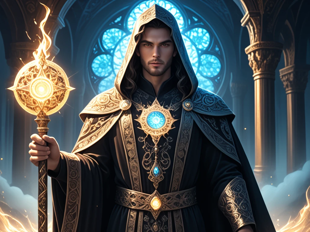 A mysterious male sorcerer standing in the center of a dark ancient hall, illuminated by an ethereal glow emanating from a magical symbol beneath his feet. He is tall and slender, cloaked in a long robe with intricate patterns shimmering like moonlight. His face is partially hidden under a hood, revealing piercing eyes glowing with silvery fire. In his hand, he holds an ancient staff crowned with a crystal radiating a subtle, mesmerizing light. Floating around him are translucent orbs showing glimpses of otherworldly realms. The scene exudes mystery, power, and enchantment. Ultra-detailed, masterpiece, cinematic lighting, 8K resolution, dark fantasy art, mystical and alluring.