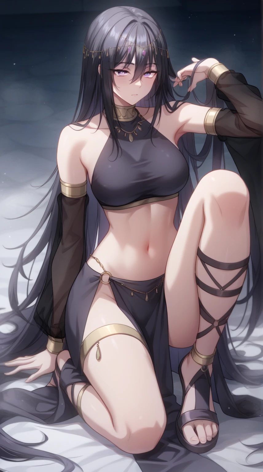 long hair, black hair, purple eyes, hair between eyes, circlet, arabian clothes, gold choker, turtleneck, covered collarbone, bare shoulders, black crop top, detached sleeves, see-through sleeves, midriff, navel, o-ring, waist cape, pelvic curtain gladiator sandals