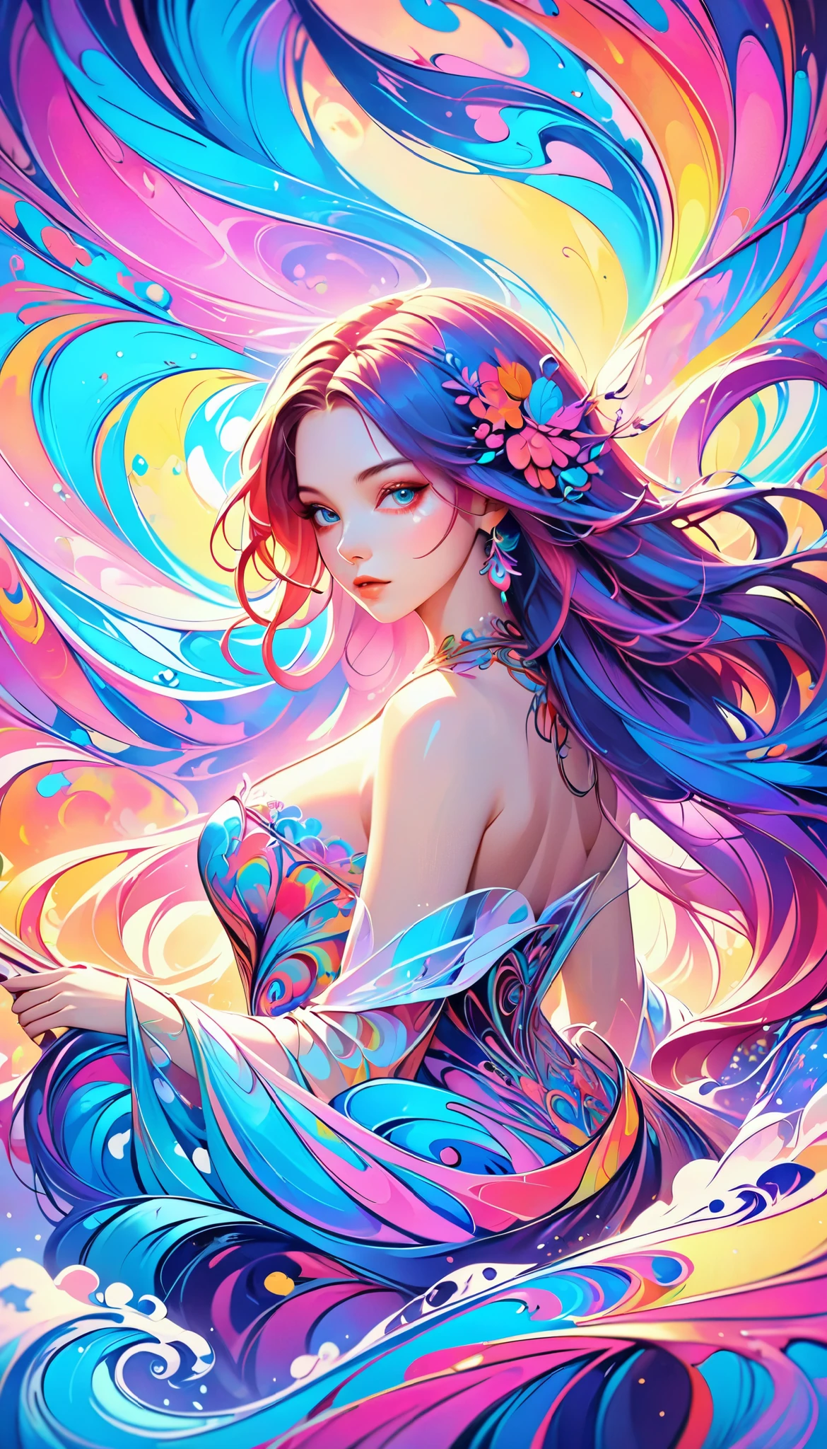  Painting of a woman with long and colorful hair,  beautiful digital illustrations ,  AMAZING DIGITAL ILLUSTRATION ,  Amazing Digital Art ,  beautiful artwork illustrations ,  beautiful digital art work,  beautiful digital art , Exquisite digital illustration,  intricate digital paint , very  beautiful digital art , Vivid Digital Paint , beautiful  Amazing Digital Art ,  psychedelic flowing hair,  colorful digital painting , Inspiring digital art,   stylized digital art  