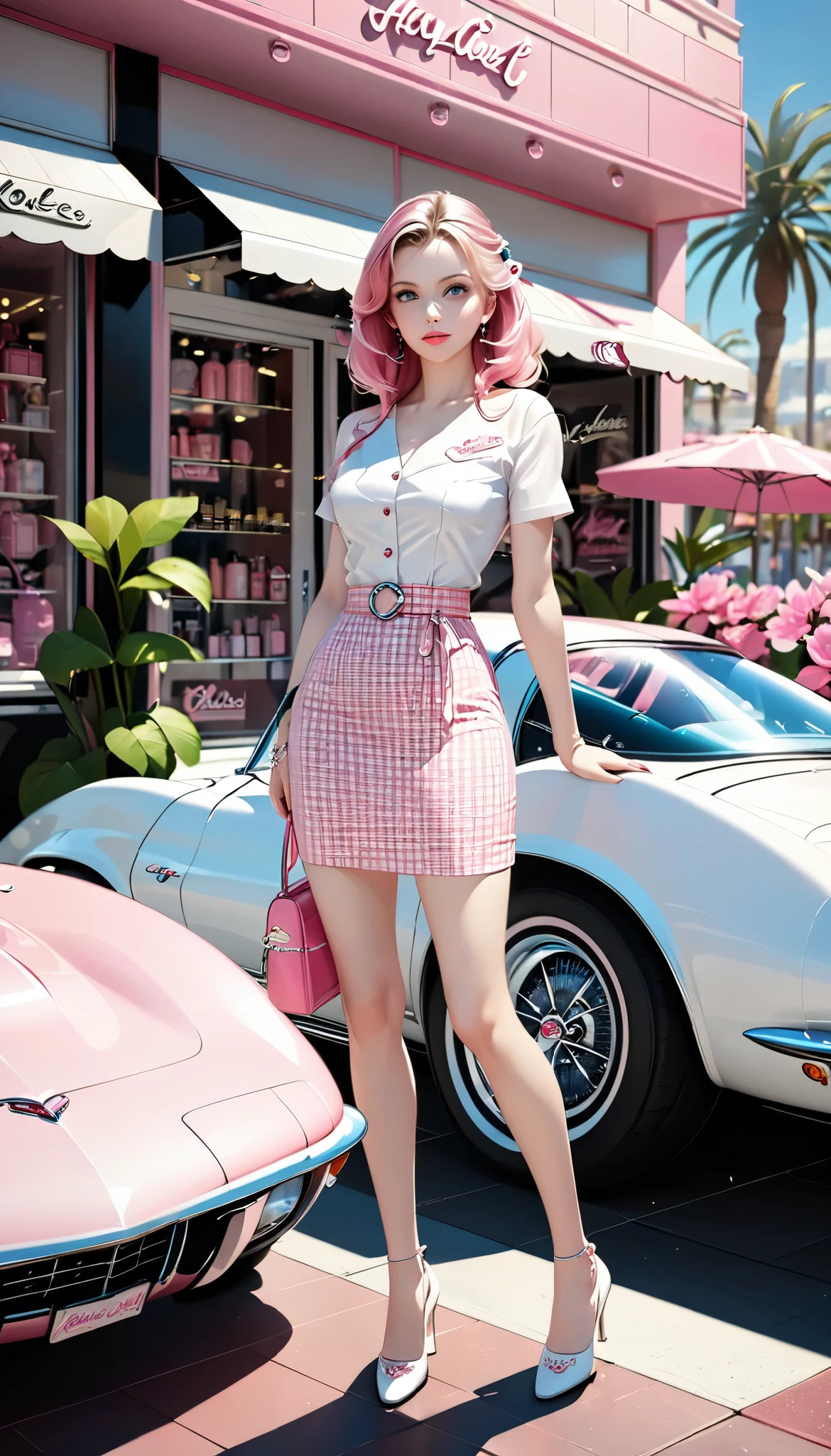artistic photography, hyper realistic, graphic CG digital art, ultra detailed, absolutely resolution, best quality, Create another scene in the same style, Barbie is now outside the perfume shop., Now she has a bag from the perfume shop,  she's about to get in the car , her car is a C1 Corvette, Pink and white, C1 Corvette, She is wearing a pink and white checked dress.、The background shows a California city in the 1980s.。,  palm trees and lots of pink flowers .