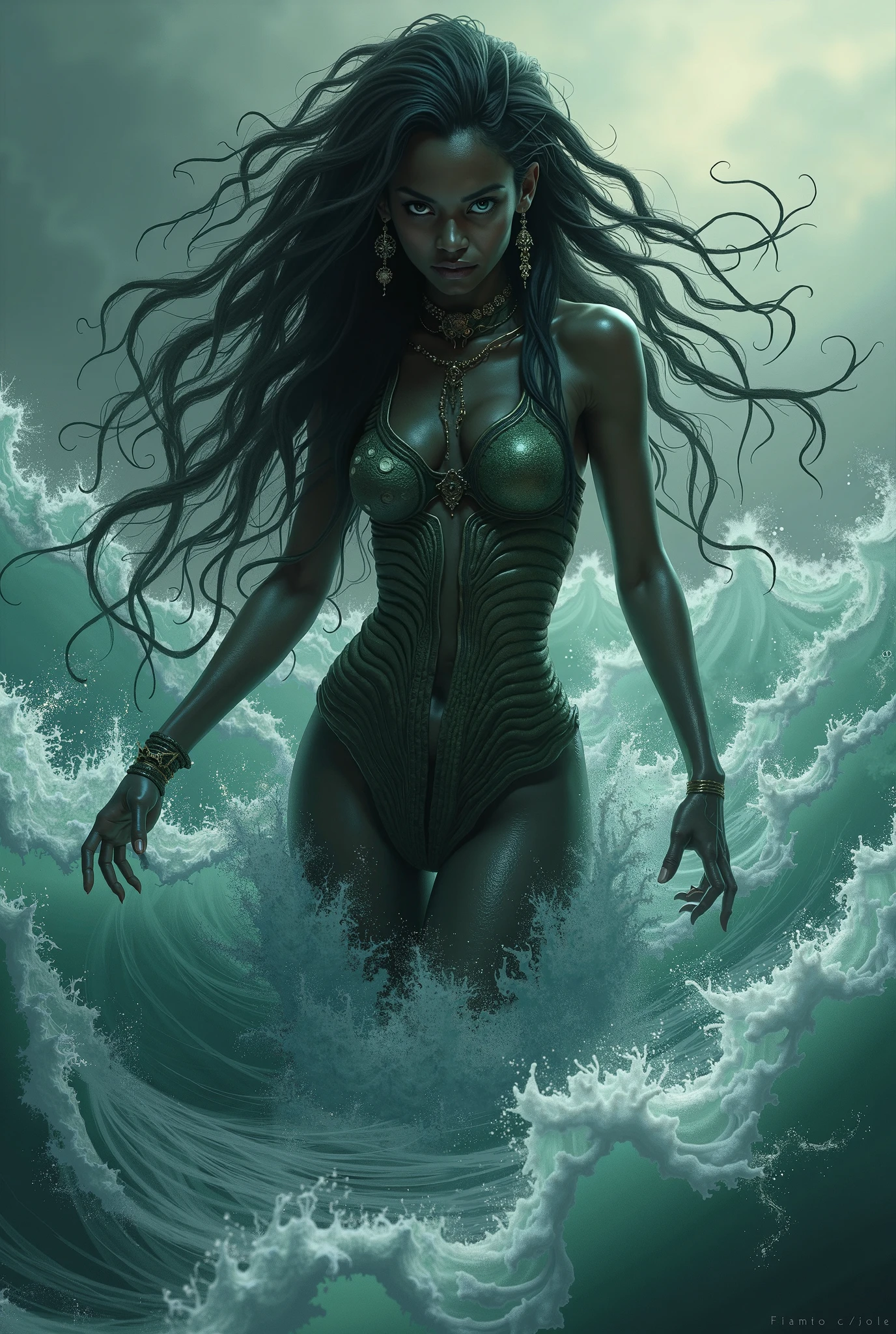 sexy mermaid, portrait, rpg character, medieval fantasy, close up portrait, ocean background, under the sea, dark skin, black women, wavy hair, queen of the sea