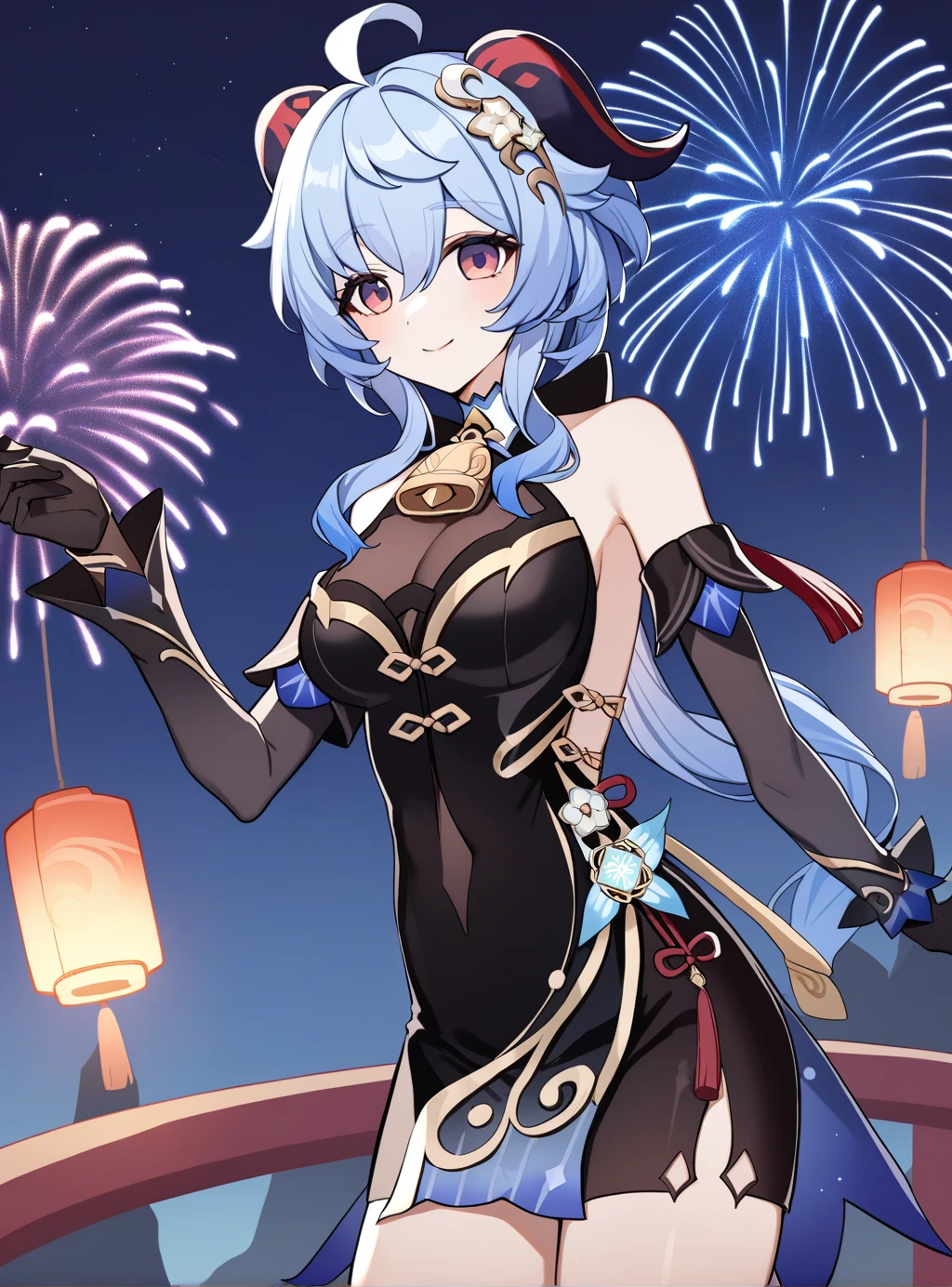 Ï¼ Æganyu  \(Genshin Impact\),  1girl, One, fireworks , sight \(Genshin Impact\), night sky, smile,  black gloves , шейный  bell ,  dress ,  bare shoulders are visible,  alternative latex black suit,  separate sleeves , outdoors, elbow pads,  Hair flower ,  bell 