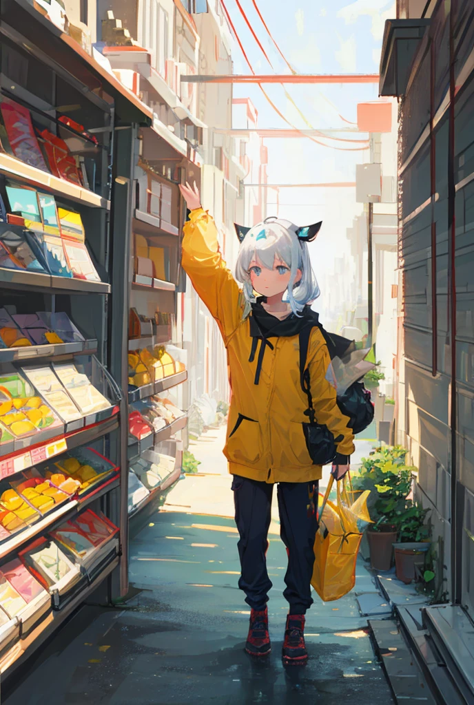 image of a cat carrying shopping bags, very realistic detailed rendering, with a pose facing sideways and running