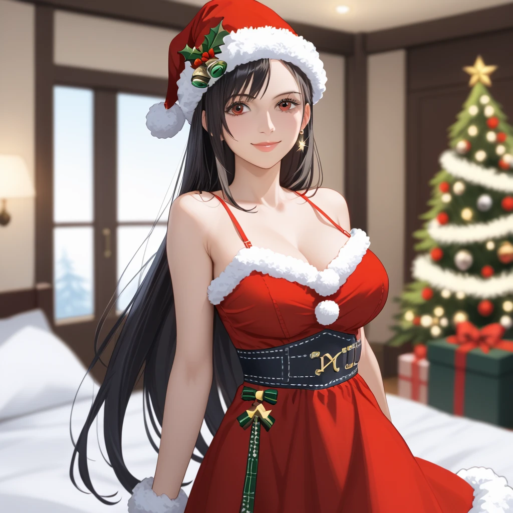 defTif, red eyes, black hair, low-tied long hair, earrings, large breasts, one piece, photorealistic, detailed coloring, anime style, detailed high quality, chromatic aberrations, ultra detailed quality skin, detailed ray tracing lighting, masterpiece、 best quality、masterpiece,  high definition , 8K quality,  perfect face, solo, 1 girl, beautiful face, beautiful detailed eyes, Alone,  cute face、艶のある唇, confident smile, red cheek,  スレンダー, looking at viewer,  hair slicked back, collarbone, Staring at the viewer, (santa hat, Christmas costume, camisole), ass line, standing, model pose, beside red bed, dynamic angle, cowboy shot, sensual expression, blurry background, covered nipples, festive decorations, twinkling lights, decorated Christmas tree, cozy indoor setting, warm color tones, lifted dress, big ass