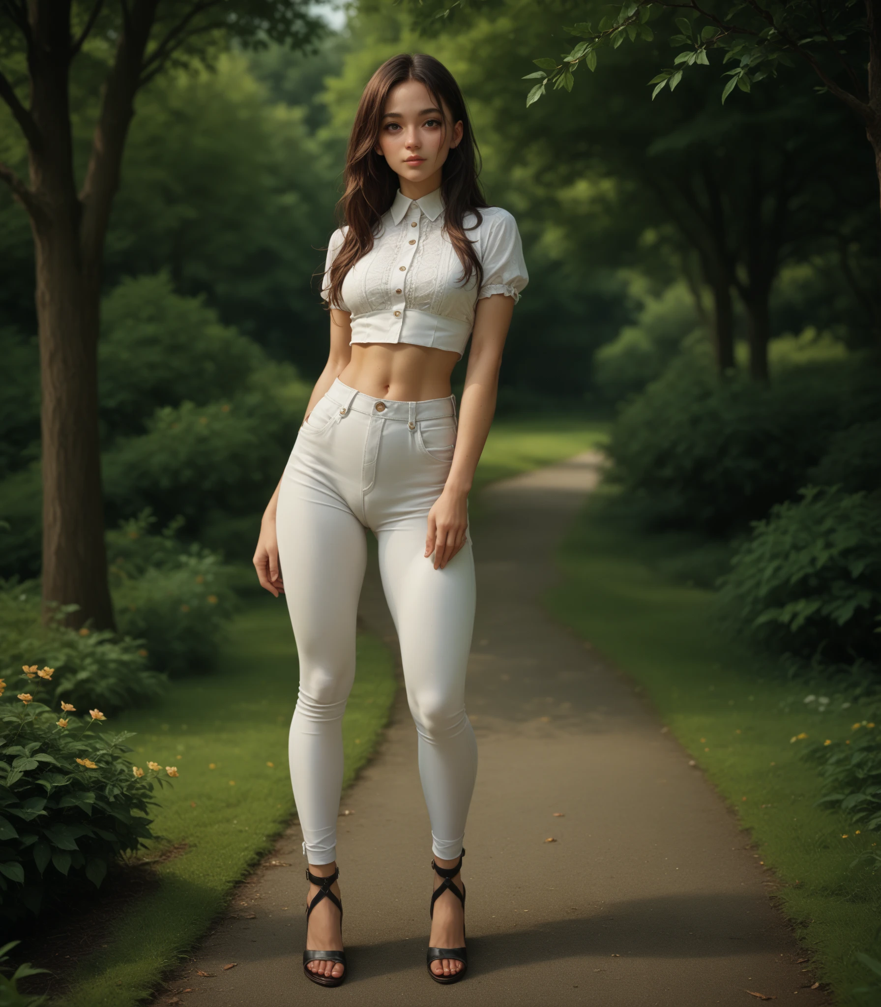 Photo from the knees, 1 girl,  long hair,  Desde atrás,  white pants , short blouse with straps , in the park