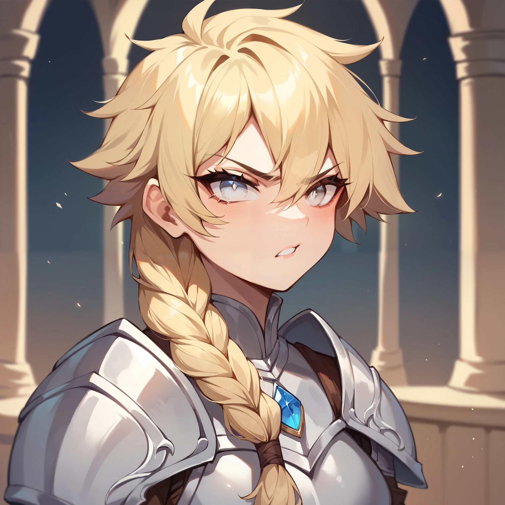Claire-Liver020-Wattpad, 1girl, solo, blonde hair, blue hair, hair over one eye, multicolored hair, solo, blue eyes, armor, short hair, mole, mole under eye, fur trim, braid, jewelry, streaked hair, earrings, belt, blue armor