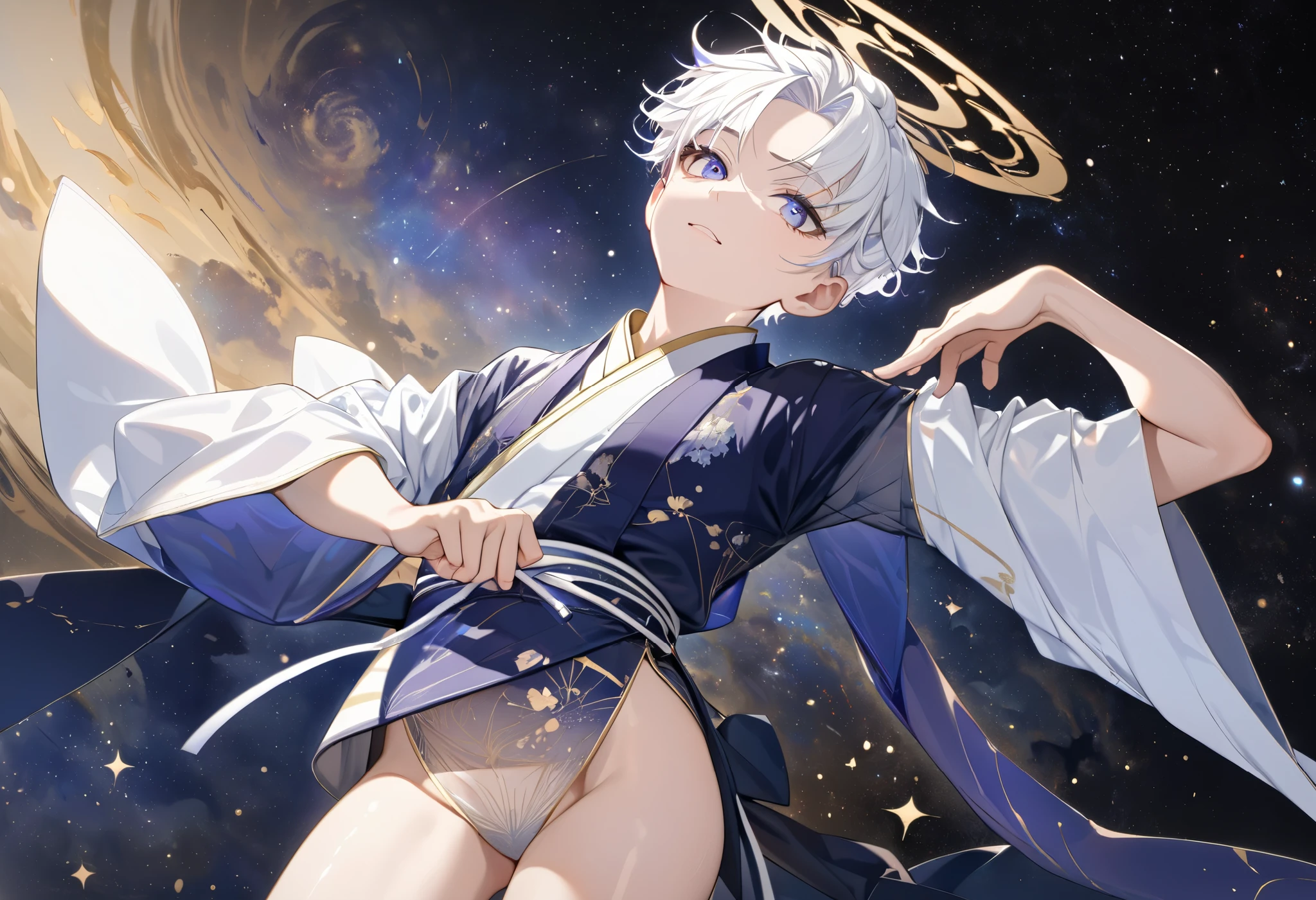 Fresh illustration,
Ultra-fine drawing,
Very delicate illustration,
Very fine details,
One boy,
Full body,
Height 158cm,
Fair skin,
Right eye is purple,
Left eye is blue,
Odd eyes,
Heterochromie iris,
Beautiful eyes,
Large black pupils,
Cleanly cut hairstyle,
Slicked back hairstyle,
Short hair,
Shiny hair,
Blue roots and white hair elsewhere,
Hair with a gradient,
Cute face,
Pretty face,
Shiny halo on the back of the head,
Raised eyebrows,
Kimono upper body,
Japanese clothing upper body,
Masculine build,
Six pack,
Very small breasts,
No breasts,
Chinese dress lower body,
Black obi,
White clothes overall,
Tastefully embroidered with gold thread,
Clothes with a high-quality texture,
Jo straps,
thigh straps,
thigh straps digging into skin,
white long boots,
Japanese style toes,
five fingers and toes,
thin waist,
thin legs,
isometric,
golden ratio,
divine atmosphere,
wearing an indigo-collared inner,
outer space,
galaxy,
countless small stars,
tactical use of shadows,
free pose,
sexy pose,
exposed skin,
naughty pose,
adult pose,
lewd appearance,
looking at camera,
buttocks facing camera,
pervert,
see-through clothes,
masochistic pose