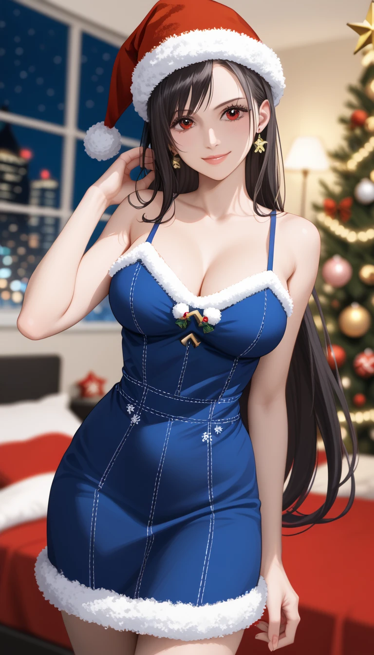 defTif, red eyes, black hair, low-tied long hair, earrings, large breasts, one piece, photorealistic, detailed coloring, anime style, detailed high quality, chromatic aberrations, ultra detailed quality skin, detailed ray tracing lighting, masterpiece、 best quality、masterpiece,  high definition , 8K quality,  perfect face, solo, 1 girl, beautiful face, beautiful detailed eyes, Alone,  cute face、艶のある唇, confident smile, red cheek,  スレンダー, looking at viewer,  hair slicked back, collarbone, Staring at the viewer, (santa hat, Christmas costume, camisole), ass line, standing, model pose, beside red bed, dynamic angle, cowboy shot, sensual expression, blurry background, covered nipples, festive decorations, twinkling lights, decorated Christmas tree, cozy indoor setting, warm color tones, lifted dress, big ass, Photographed from the back, sweating