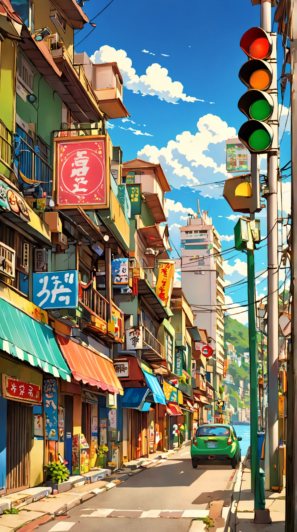 A painting depicting a street next to a body of water, Traffic light on pole, rio de janeiro in an Japanese cartoons film, Japanese cartoons. author：Shinkai Makoto, Japanese cartoons landscape, author：Shinkai Makoto, author：Shinkai Makoto, Japanese cartoons landscape wallpaper, Japanese cartoons scenery, hd Japanese cartoons cityscape, Shinkai Makoto和 (cain kuga), Shinkai Makoto's style, HD, UHD, HDR, 32 thousand