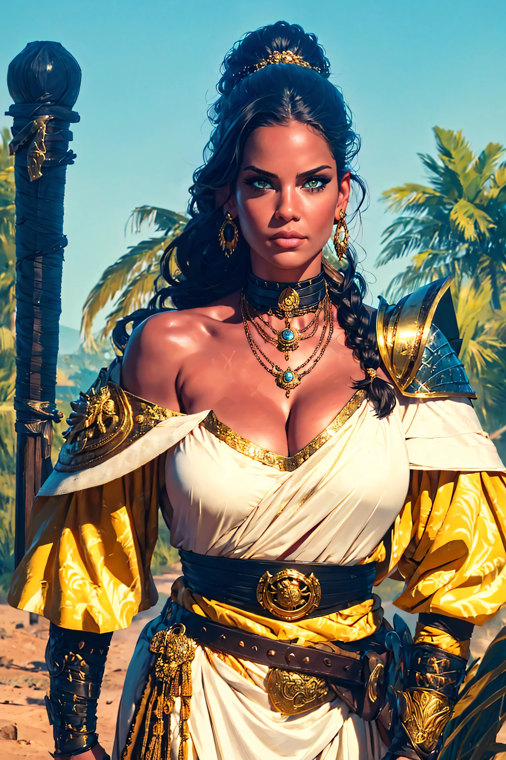 (masterpiece, photorealistic, award winning). (light skin). A digitally drawn illustration depicting an epic fantasy scene, featuring a sexy, busty, alluring female warrior (exposed cleavage, showing cleavage) in the foreground, slightly to the right of center. She has long brown hair flowing gracefully behind her back, with an intricate braid adorned with a golden headband adorned with tiny feathers and beads. Her face is riddled with battle scars, adding to her ferocious feel. The warrior wears elaborate white armor with gold details, including embellished shoulder pieces, a circular patterned chest plate, and a protective cup on her left shoulder. Her outfit is complemented by a striking jeweled necklace and matching gold earrings. She holds a long staff with a triangular blade on top, gripping it tightly in both hands. The staff features intricate metalwork with bronze highlights and a dark wooden handle. Behind her, a large, majestic white tiger stands out in the background. Its lush mane and strong power add to the grandeur of the scene. The tiger’s fur is meticulously drawn with soft details and textures, while its piercing amber eyes reflect strength and intelligence. The bright, natural lighting emphasizes the warrior’s resolute gaze. and creates dramatic shadows that enhance the textures of the clothing and accessories. The overall composition emphasizes the contrasts between the human and animal forms, creating a harmonious yet vibrant visual experience. The color palette incorporates warm hues such as beige, golden yellow and brown, with high contrast and medium color intensity, giving the artwork a rich and mysterious mood.