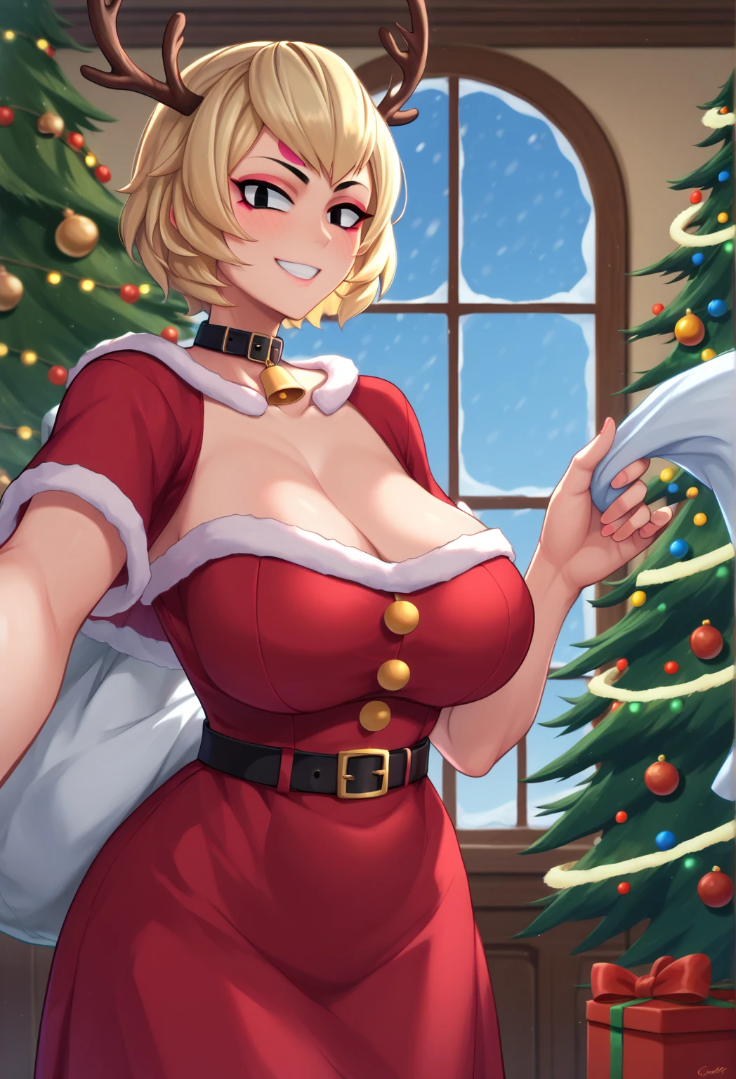 score_9, score_8_up, score_7_up, score_9,4K, HD, 8 k,  high resolution, smoothing, texture, BREAK CharliesDXL Christmas Ornaments ,  1girl, One,  looks at viewer , smile, short hair,  blond hair ,  big breasts,  dress , holding,   Cleavage ,  cowboy shot , belt,   in the room ,  black eyes , fur trim , window, makeup,  turndown collar , red  dress ,  christmas ,, , eye shadow, Santa Costume, black belt, sack, antlers,  christmas  tree, fur-trimmed  dress ,  christmas  ornaments, horny, Blowjob