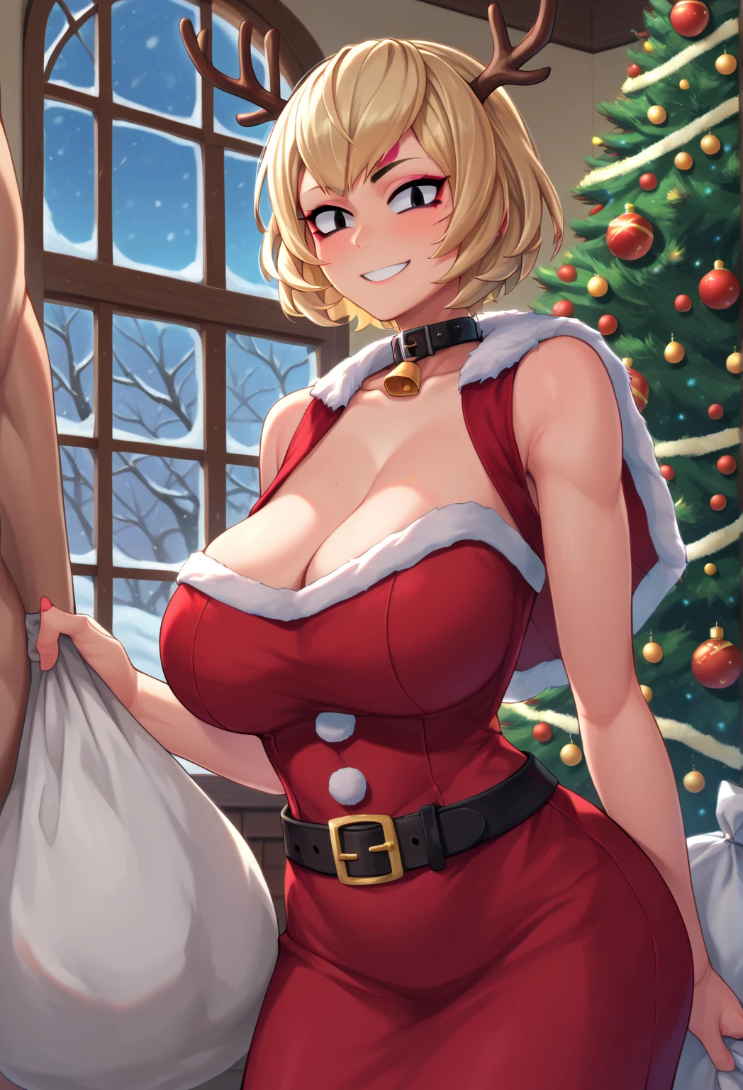 score_9, score_8_up, score_7_up, score_9,4K, HD, 8 k,  high resolution, smoothing, texture, BREAK CharliesDXL Christmas Ornaments ,  1girl, One,  looks at viewer , smile, short hair,  blond hair ,  big breasts,  dress , holding,   Cleavage ,  cowboy shot , belt,   in the room ,  black eyes , fur trim , window, makeup,  turndown collar , red  dress ,  christmas ,, , eye shadow, Santa Costume, black belt, sack, antlers,  christmas  tree, fur-trimmed  dress ,  christmas  ornaments, horny, Blowjob