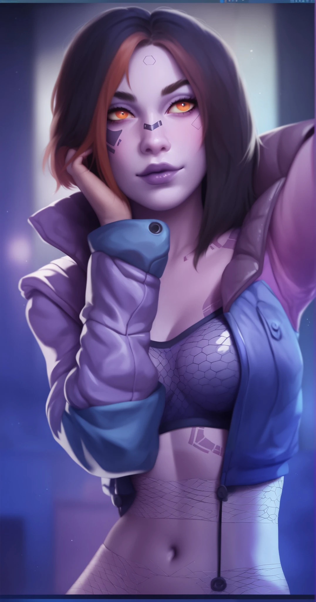 realism, masterpiece, best quality, amazing quality, very aesthetically pleasing, absurd, state-of-the-art) , official style, stoic expression, a girl in a cyberpunk jacket, pink lighting on her skin, tight-fitting holographic blouse under her jacket, elbow covering her chest, pink skin , skin covered with mesh, purple skin, orange eyes, iron elements on the face, narrow eyes, mesh on the stomach