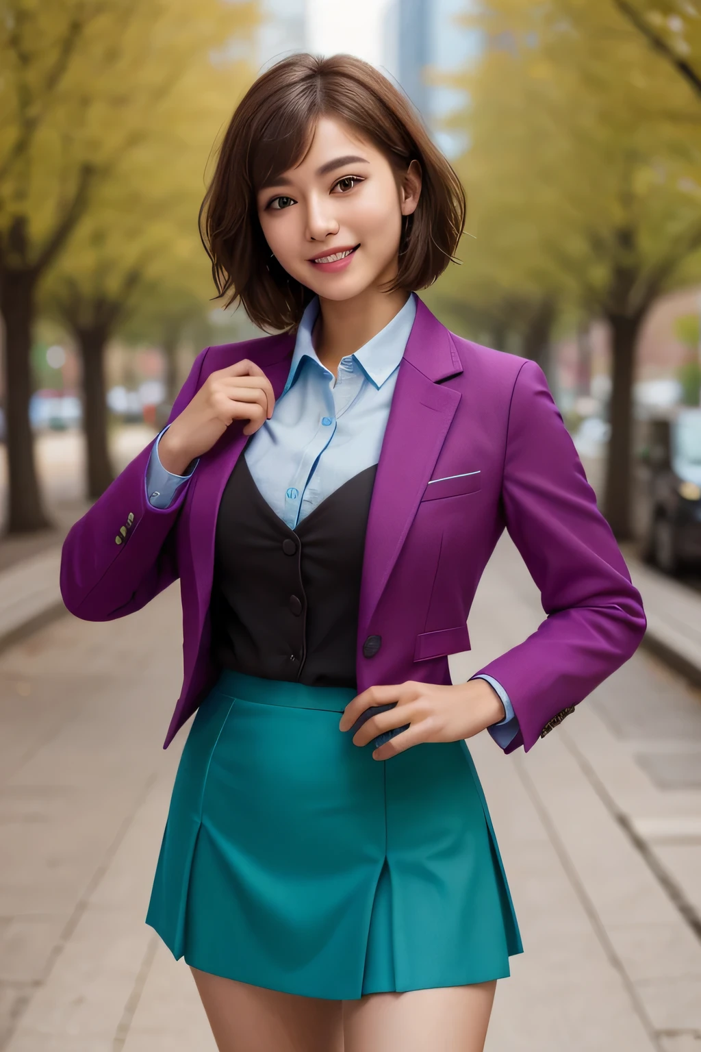 ((Highest quality)), ((masterpiece)), 8K quality, (detailed), High Resolution Skins:1.3, Realistic skin texture, One girl, slim, smile, close mouth, Natural Makeup, fluffy short hair, Messy Hair, Asymmetrical bangs, Brown hair, Looking at Viewer, (Upper body), sharp focus, Bust B cup, Slim figure, Beautiful eyes in every detail, realistic eye and face details, (office uniform), (bright colored suit jacket and same colored long thin skirt), short button-down shirt, Standing on a park in a big city with buildings, depth of field, ((body facing forward)), career woman, Japanese girl,