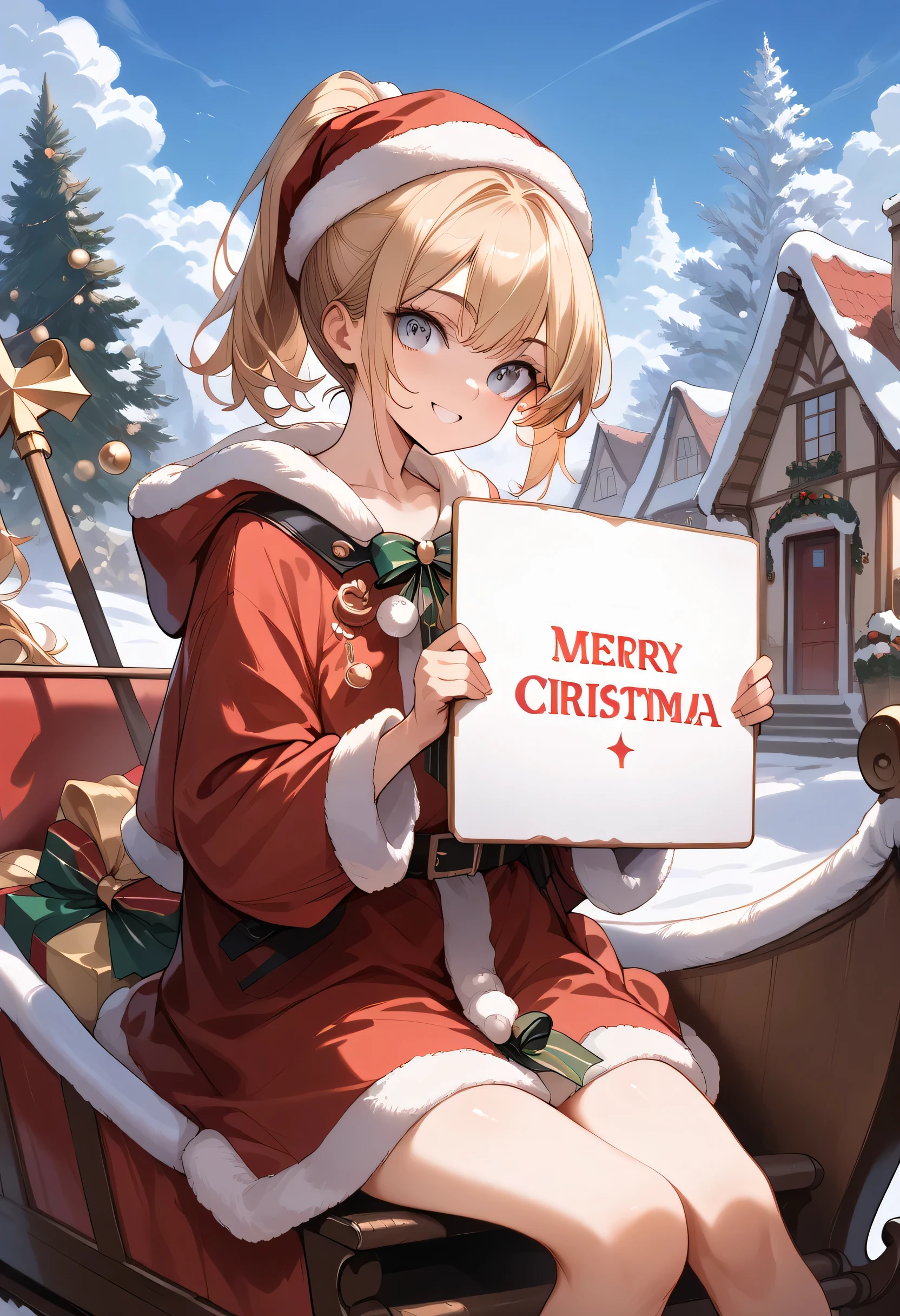 score_9,score_8_up,score_, masterpiece,High resolution,Highest quality,8k,  (holding blank sign), (Flat Chest,Short,blond Hair,ponytail) (wearing santa's red coat and hat), The best smile,looking at the camera,living, Sitting in Santa's sleigh