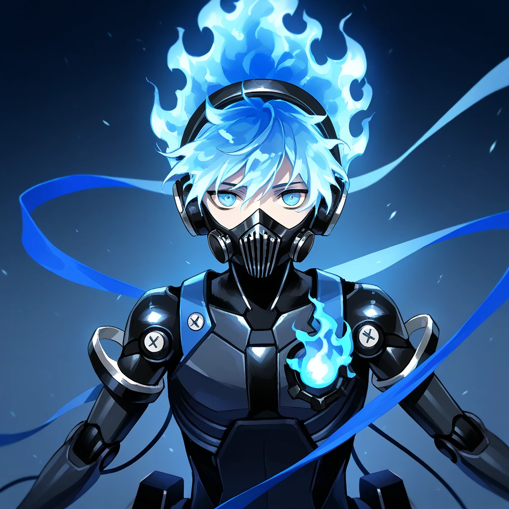 One,  male focus,  1 boy , orthoshroud, respirator,  looks at the viewer , fiery hair, blue fire,  headphones, respirator, mechanical parts,   robot joints   