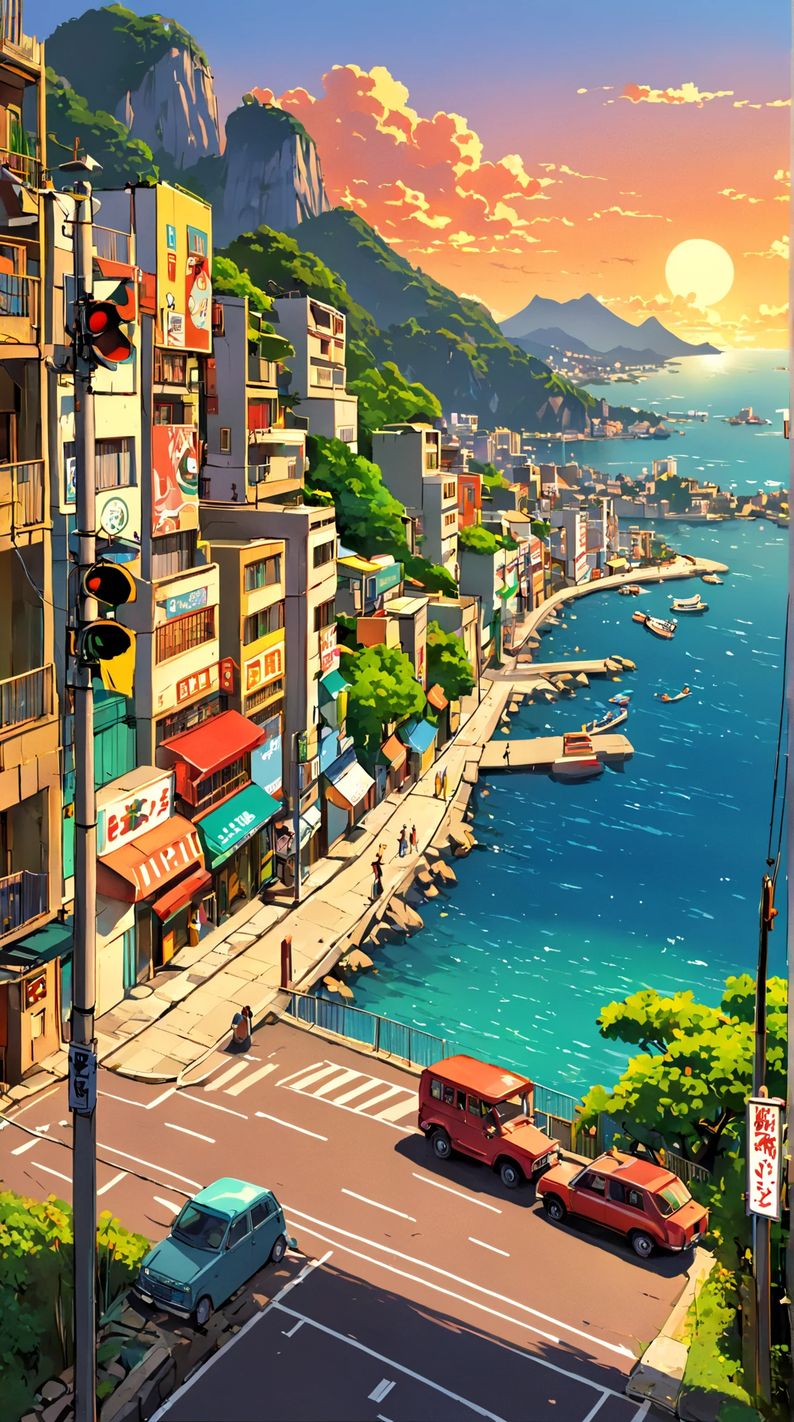 A painting depicting a street next to a body of water, Traffic light on pole, rio de janeiro in an Japanese cartoons film, Japanese cartoons. author：Shinkai Makoto, Japanese cartoons landscape, author：Shinkai Makoto, author：Shinkai Makoto, Japanese cartoons landscape wallpaper, Japanese cartoons scenery, hd Japanese cartoons cityscape, Shinkai Makoto和 (cain kuga), Shinkai Makoto's style, HD, UHD, HDR, 32 thousand