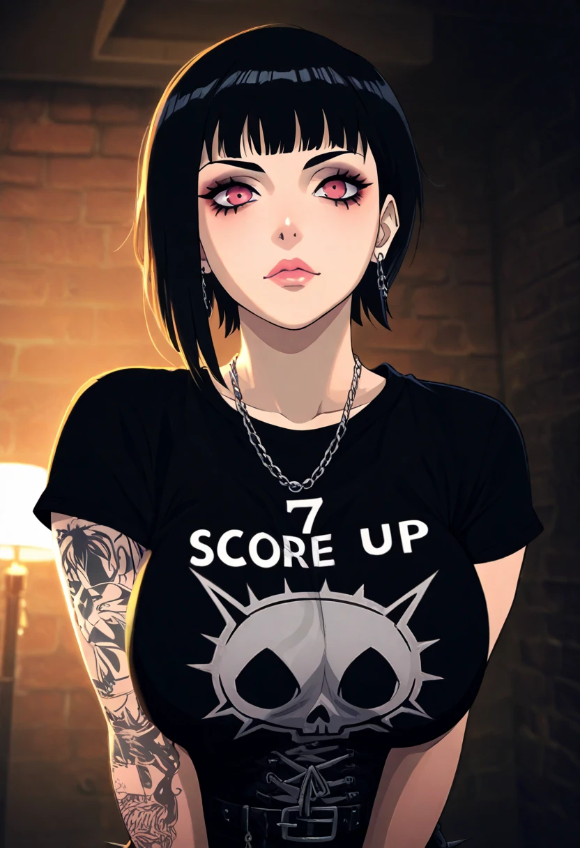 1girl, Holo-Punk Style, goth, black hair, earrings, eyelashes, indoors, jewelry, lips, makeup, necklace, short hair, solo, tattoo, faux hawk, punk aesthetic, foreshortening, darkbackground, cinematic lighting, masterpiece, best quality , big breasts, (Hinata Hyuga)