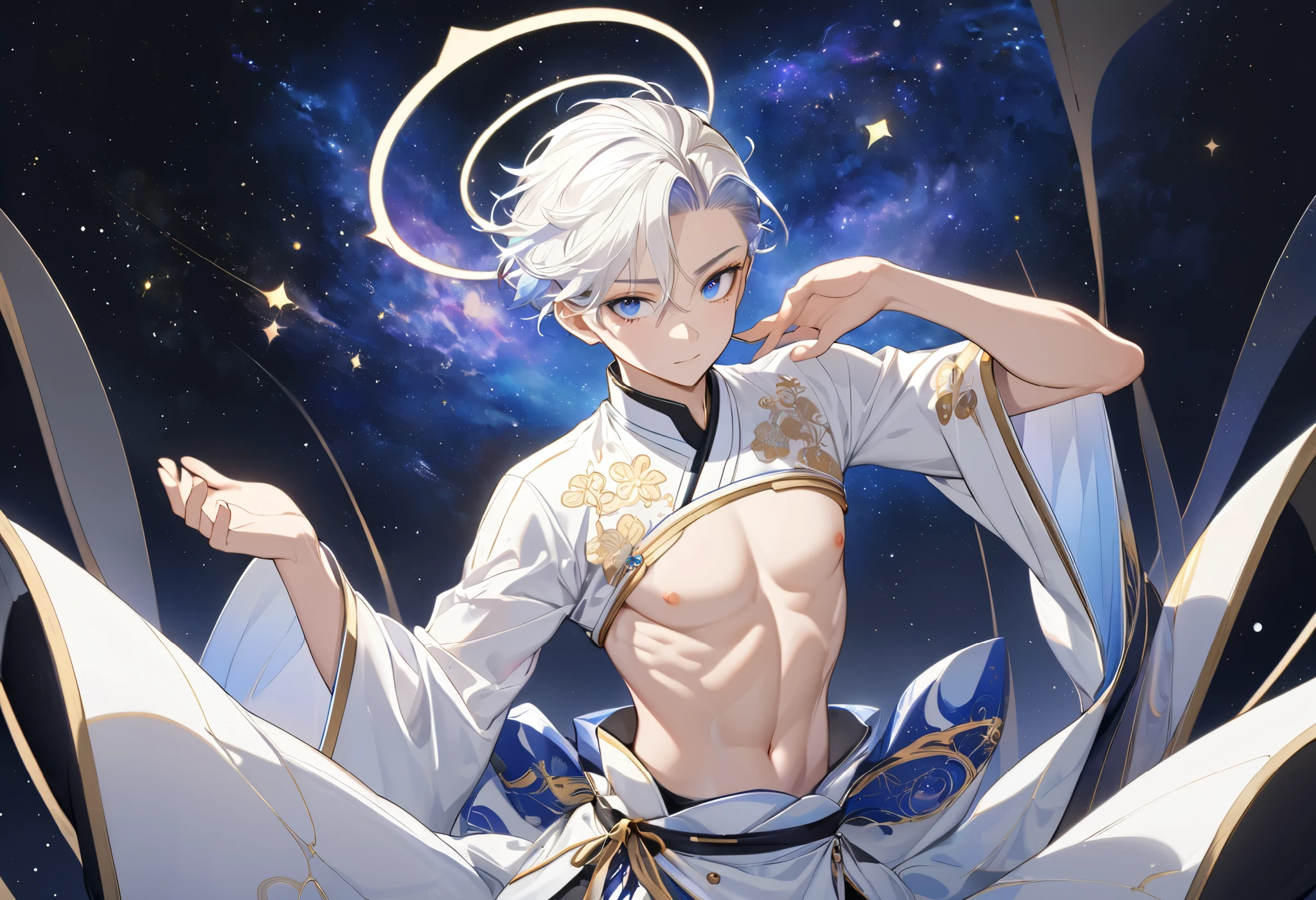 Fresh illustration,
Ultra-fine drawing,
Very delicate illustration,
Very fine details,
One boy,
Full body,
Height 158cm,
Fair skin,
Right eye is purple,
Left eye is blue,
Odd eyes,
Heterochromie iris,
Beautiful eyes,
Large black pupils,
Cleanly cut hairstyle,
Slicked back hairstyle,
Short hair,
Shiny hair,
Blue roots and white hair elsewhere,
Hair with a gradient,
Cute face,
Pretty face,
Shiny halo on the back of the head,
Raised eyebrows,
Upper body in kimono,
Upper body in traditional Japanese clothing,
Masculine build,
Six pack,
Very small breasts,
No breasts,
Lower body in Chinese dress,
Black obi,
Overall white clothes,
Tasteful embroidery with gold thread,
Clothes with a high-quality texture,
Jock straps,
Thigh straps,
Thigh straps digging into skin,
White long boots,
Japanese style toes,
Five fingers on hands and feet,
Thin waist,
Thin legs,
Isometric,
Golden ratio,
Divine atmosphere,
Wearing an indigo-colored stand-up collared inner,
Outer space,
Galaxy,
Countless small stars,
Tactical use of shadows,
Free pose,
Sexy pose,
Exposing skin,
Erotic pose,
Adult pose,
Lewd appearance,
Looking at camera,
Buttocks facing camera,
Pervert,
See-through clothes,