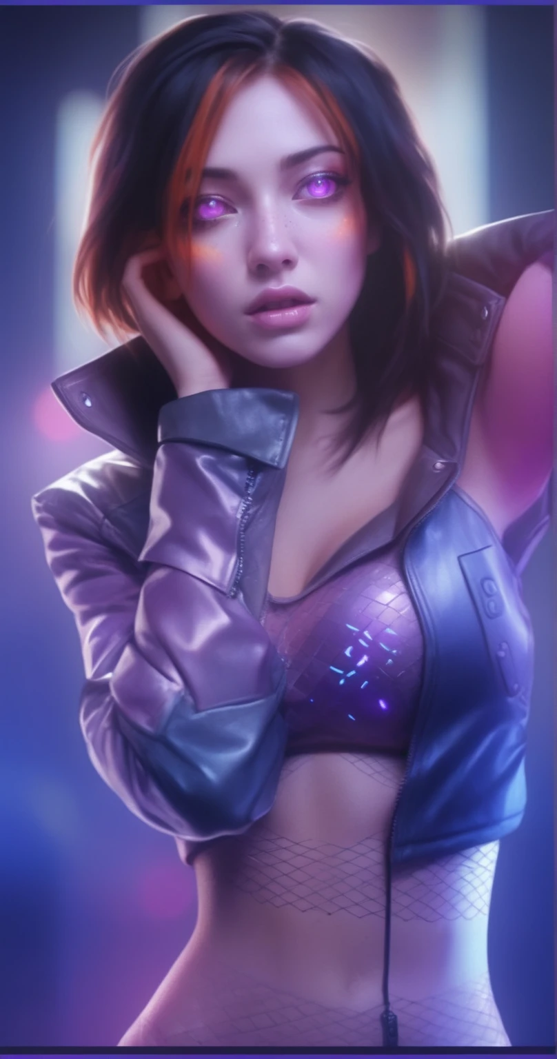 realism, masterpiece, best quality, amazing quality, very aesthetically pleasing, absurd, state-of-the-art) , official style, stoic expression, a girl in a cyberpunk jacket, pink lighting on her skin, tight-fitting holographic blouse under her jacket, elbow covering her chest, pink skin , skin covered with mesh, purple skin, orange eyes, iron elements on the face, narrow eyes, mesh on the stomach