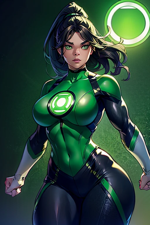 Hailee Steinfeld as green lantern, standing, green lantern costume, big boobs, round boobs, slim waist, wide hips, toned abs, thighs, navel, green lantern outfit,, , ponytail hairstyle, green eyes, long eyelashes, beautiful detailed eyes, beautiful detailed lips, fat lower lip, beautiful detailed nose, dark grey background, dramatic lighting, cinematic composition