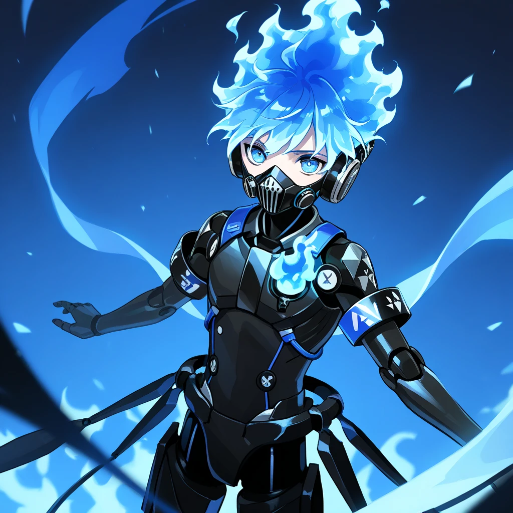 One,  male focus,  1 boy , orthoshroud, respirator,  looks at the viewer , fiery hair, blue fire,  headphones, respirator, mechanical parts,   robot joints   