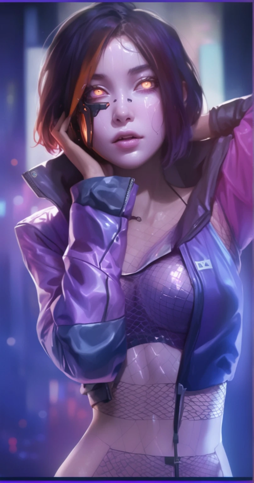 realism, masterpiece, best quality, amazing quality, very aesthetically pleasing, absurd, state-of-the-art) , official style, stoic expression, a girl in a cyberpunk jacket, pink lighting on her skin, tight-fitting holographic blouse under her jacket, elbow covering her chest, pink skin , skin covered with mesh, purple skin, orange eyes, iron elements on the face, narrow eyes, mesh on the stomach