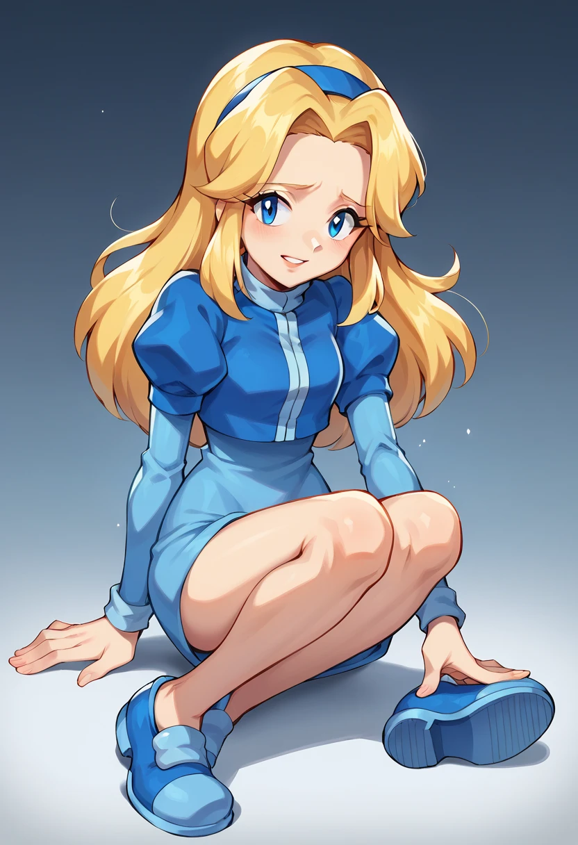 score_9, score_8_up, score_7_up, score_6_up, source anime, BREAK 1girl, solo, mature girl, adult, Maria Robotnik, \(Sonic\), blonde hair, sidelocks, long hair, blue eyes, parted hair, blue hairband, exposed legs, white collar, short puffy sleeves, small blue jacket, blue slippers, blue long sleeve dress