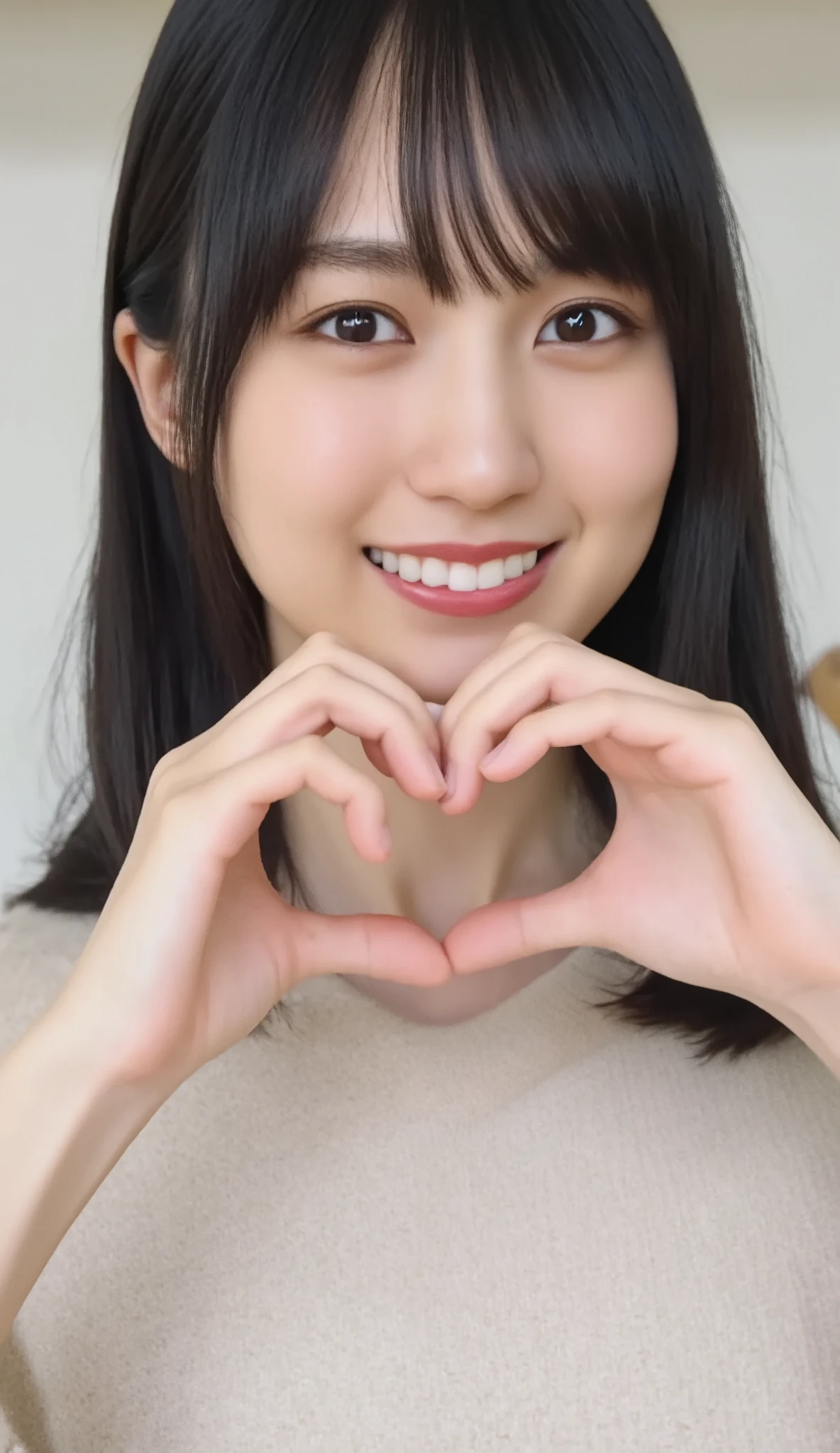  high res、 1 woman with a cute smile、 Wear fluffy off-the-shoulder pajamas and make a big heart in front of your chest with your own hands, Photo Mapping、Physically based rendering、 high image quality、 high res、1080P、 rich details 、( Stunning Features :1.35)、( detail eyes)、Delicate clavicle、 Various Poses、 very realistic and detailed upper body portrait of a young woman。The skin is beautiful、 soft light reflecting high on her cheeks .、 Tiny pores and hair follicles、 You can see even the thinnest blood vessels 。The skin is smooth、natural flushing of cheeks 、Healthy glow。 The eyes are large and clear blue、Her iris has fine patterning、 Light is reflecting and shining in the eye。 There is a slight shadow under her eye 、 Her eyelashes are long and naturally curled。 her lips are soft pink 、Smooth texture with a natural glow、 Slightly reflects light。  background is pale black and white gradation .、 The focus is entirely on the face and upper body。 Realistic shadows and textures、 picture-like depiction.。
