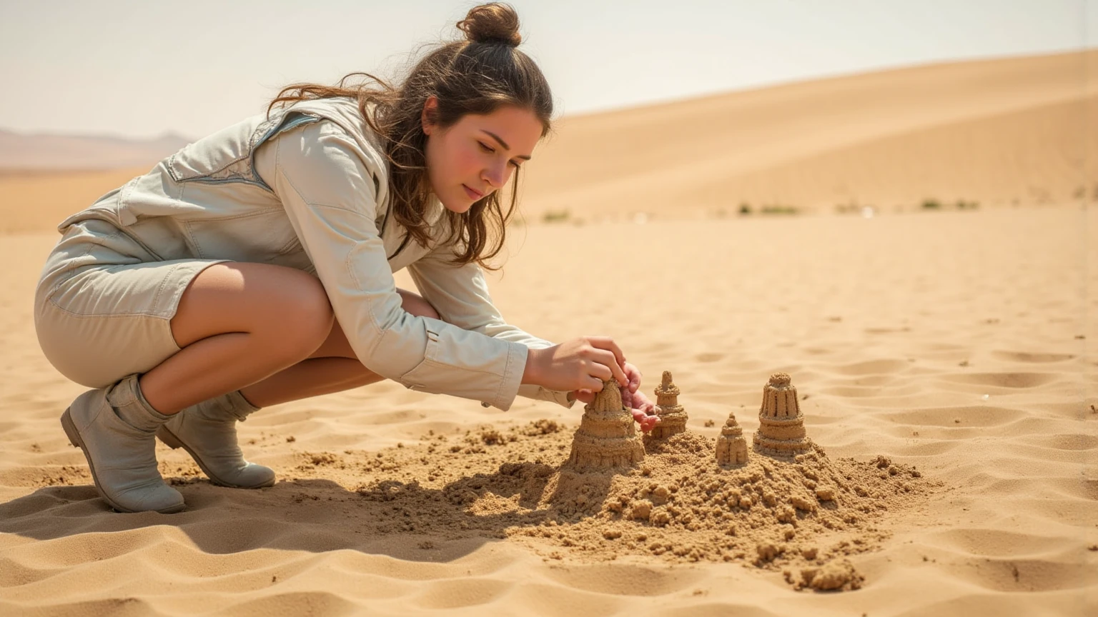 A young woman in a futuristic space suit, kneeling on a sandy planet's terrain, creates intricate sandcastles with serene focus. Mid-shot framing showcases her hands shaping the sand, set against the vast, barren landscape. Soft, diffused lighting highlights her suit and castle details. Composition centers on her hands, muscles defined, with photorealistic skin featuring skin pores, sharp focus, well-defined edges, and ray tracing. UHD, 16k, DSLR quality renders a masterpiece image, earning an award-winning reputation.