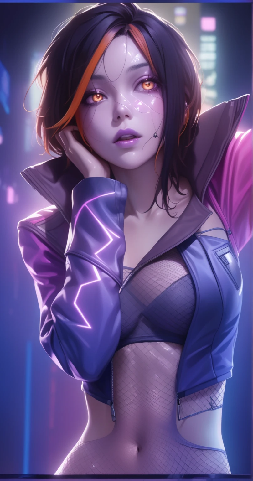 realism, masterpiece, best quality, amazing quality, very aesthetically pleasing, absurd, state-of-the-art) , official style, stoic expression, a girl in a cyberpunk jacket, pink lighting on her skin, tight-fitting holographic blouse under her jacket, elbow covering her chest, pink skin , skin covered with mesh, purple skin, orange eyes, iron elements on the face, narrow eyes, mesh on the stomach, wide leather collar