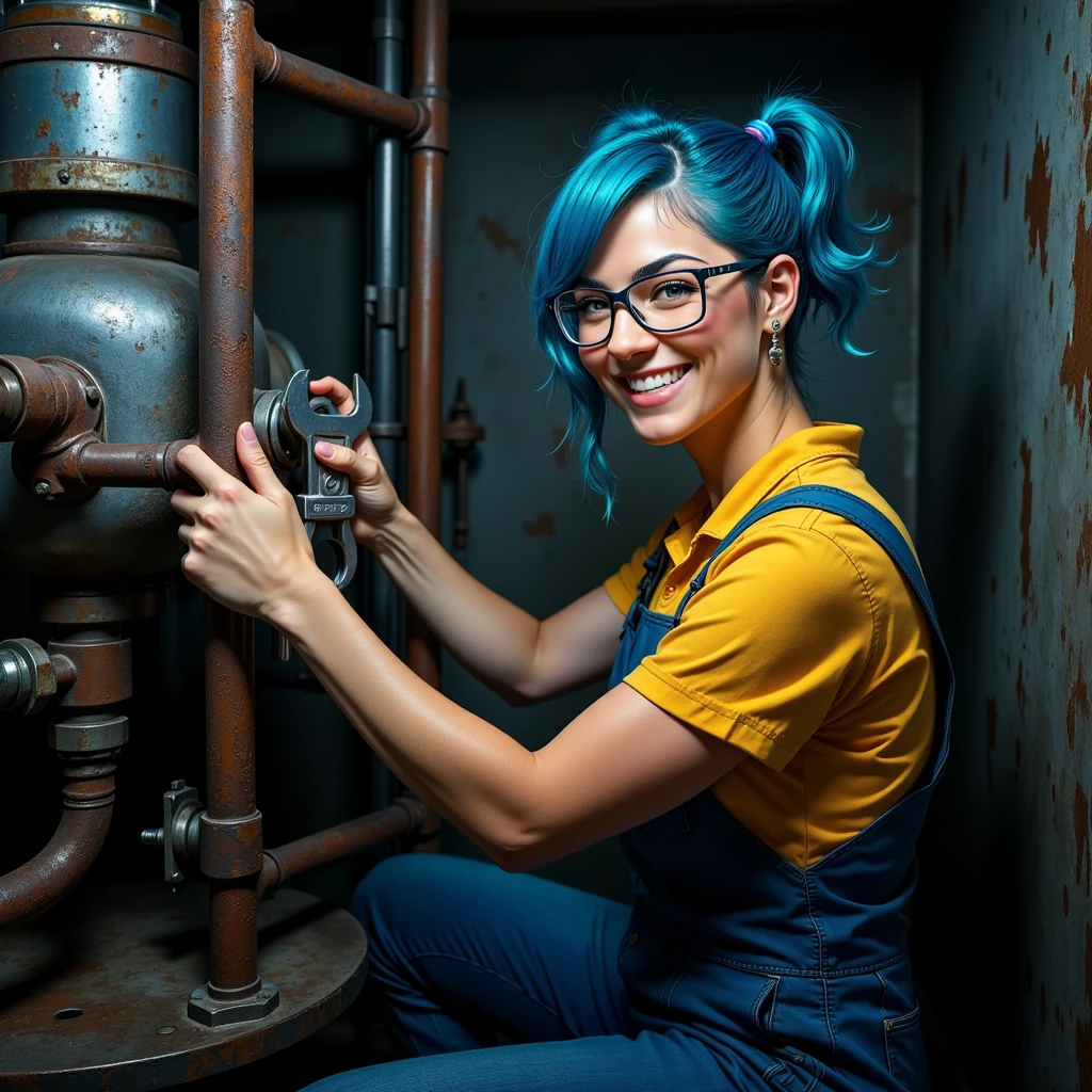One girl, whole body、steampunk、Mechanic、mechanic、Overlooking, far and near method, Backlight, Anatomically correct, High resolution, Highest quality, bangs, Grey Hair, Bob Hair, 斜めbangs, Grin, Cheeky face, Character portrait, Wearing goggles on your head, reflected light, Holding a spanner in your hand、with a screwdriver in hand、Maintenance Shop