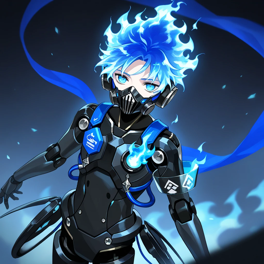 One,  male focus,  1 boy , orthoshroud, respirator,  looks at the viewer , fiery hair, blue fire,  headphones, respirator, mechanical parts,   robot joints   