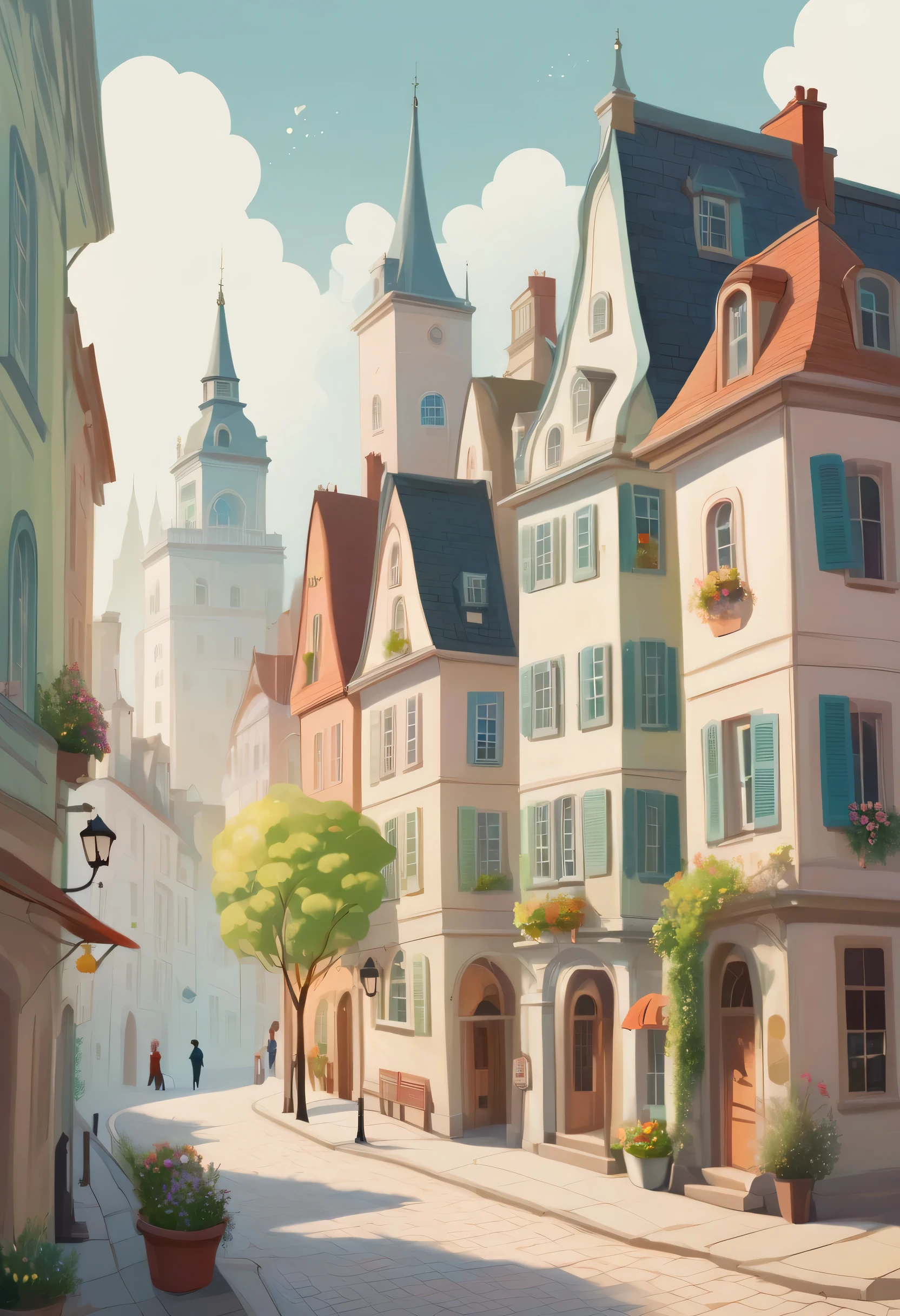 A whimsical cityscape, with charming buildings and a light, airy feel,  simple background