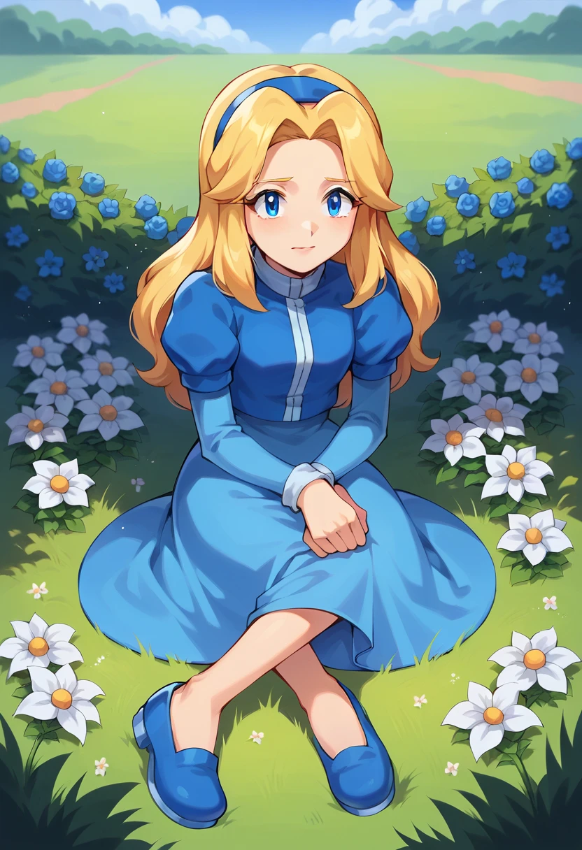 score_9, score_8_up, score_7_up, score_6_up, source anime, BREAK 1girl, solo, mature girl, adult, Maria Robotnik, \(Sonic\), blonde hair, sidelocks, long hair, blue eyes, parted hair, blue hairband, exposed legs, white collar, short puffy sleeves, small blue jacket, blue slippers, blue long sleeve dress, florest setting, Field of flowers, full body, sitting around flowers