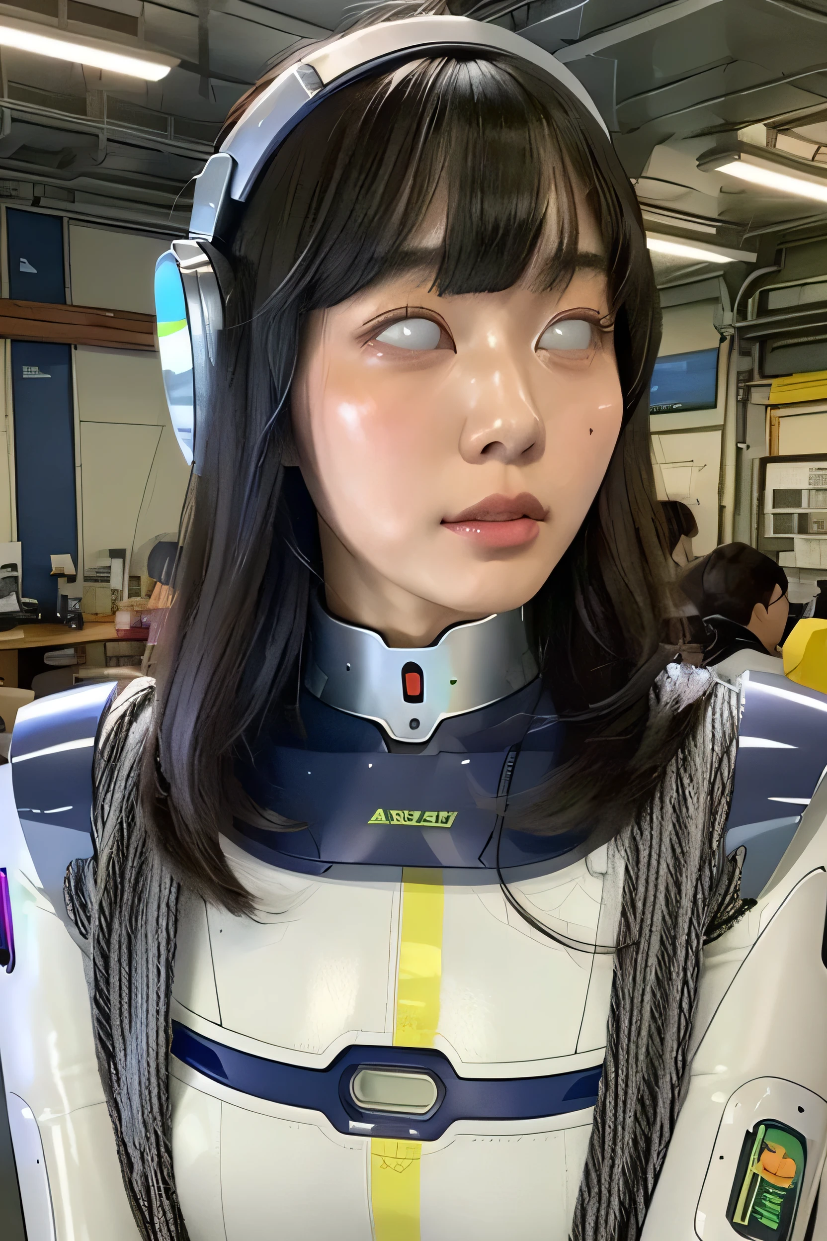 masterpiece, best quality, extremely detailed,portrait,front view,Japaese android girl,Plump, control panels,android,Droid,Mechanical Hand, Robot arms and legs,Blunt bangs,long tube,thick cable connected her neck,shirome