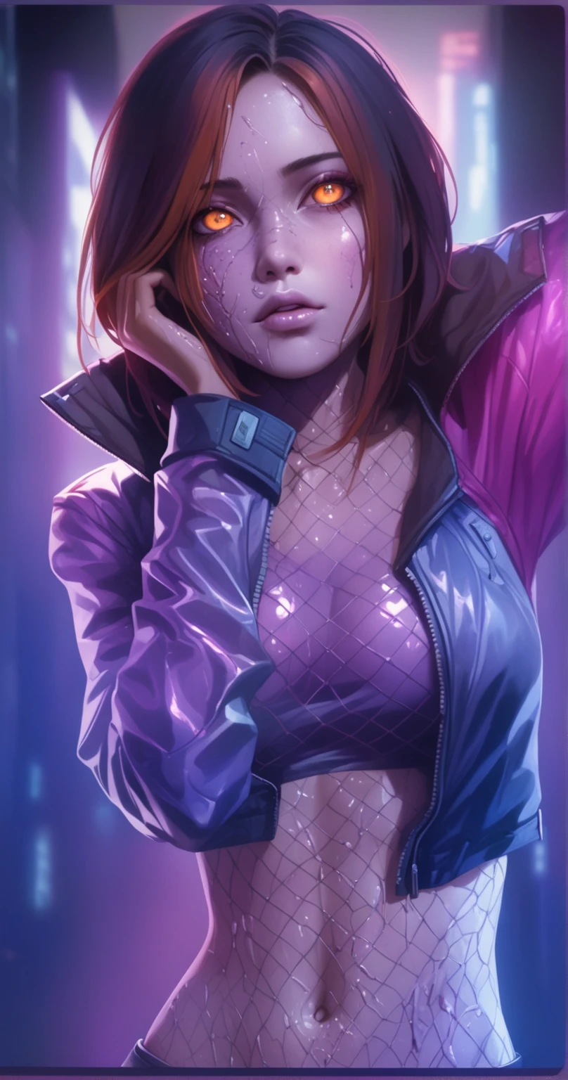 realism, masterpiece, best quality, amazing quality, very aesthetically pleasing, absurd, state-of-the-art) , official style, stoic expression, a girl in a cyberpunk jacket, pink lighting on her skin, tight-fitting holographic blouse under her jacket, elbow covering her chest, pink skin , skin covered with mesh, purple skin, orange eyes, iron elements on the face, narrow eyes,The skin is covered in mud