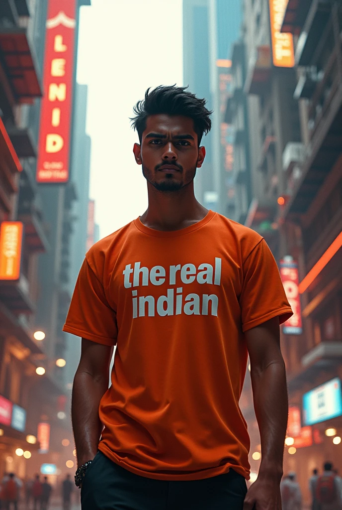 Create a realistic picture of an 28-year-old boy wearing a professional sky-blue shirt with logo "TSM" and white jeans. He is standing a smal flying Indian flag, with the Red Fort in the background. The name “GIRRAJ” is written on his t-shirt in bold letters, sunglasses. The overall image should have a divine background, reminiscent of Indian Republic Day, with people celebrating.